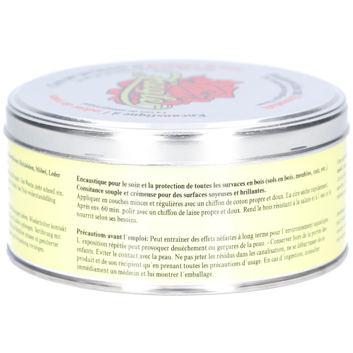 Runde Dose mit gelbem Etikett und Text. Silberner Deckel mit Logo und Schriftzug. Produktname nicht sichtbar.