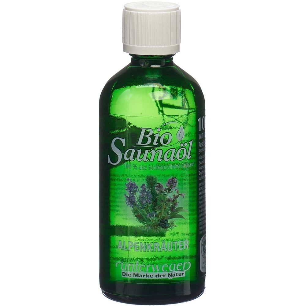 Grüne Glasflasche mit weißem Deckel. Aufschrift: Bio Saunaöl Alpenkräuter. Marke Unterweger.
