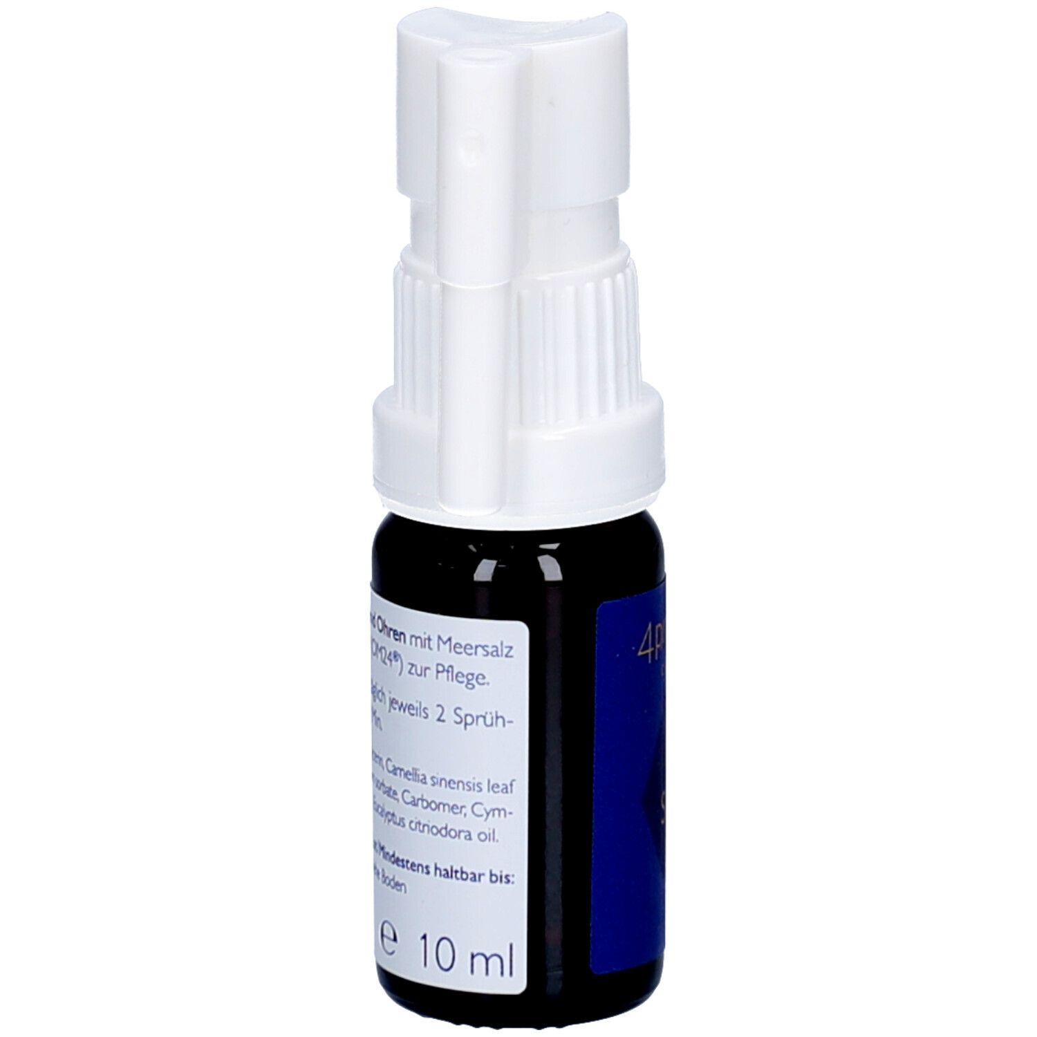 Braune Glasflasche mit weißem Sprühkopf. Blaue Etikett mit Text. 10 ml.