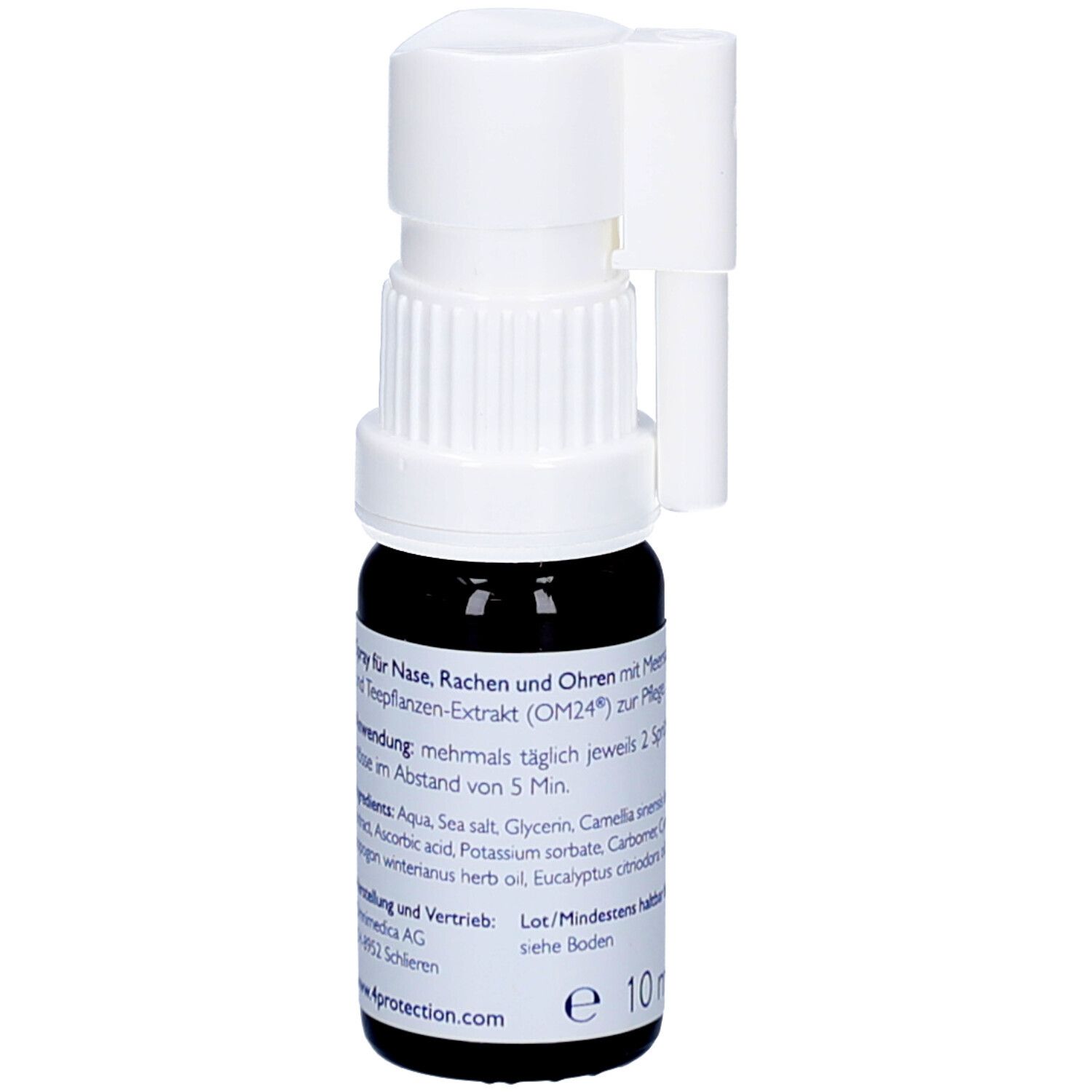 Braune Glasflasche mit weißem Sprühkopf. Blaue Etikett mit Text. 10 ml.