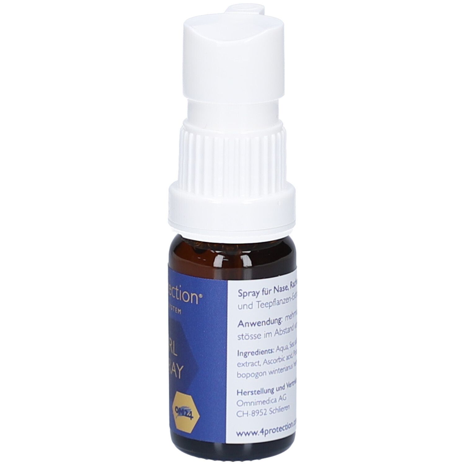 Braune Glasflasche mit weißem Sprühkopf. Blaue Etikett mit Text. 10 ml.