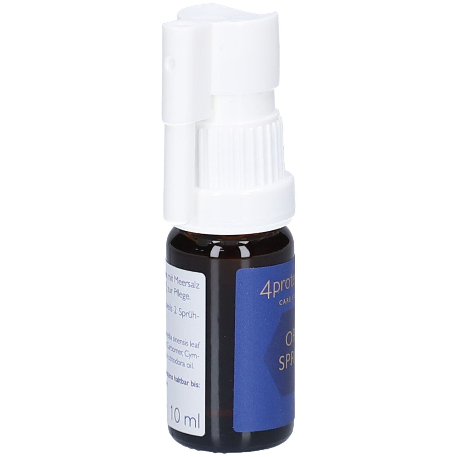 Braune Glasflasche mit weißem Sprühkopf. Blaue Etikett mit Text. 10 ml.