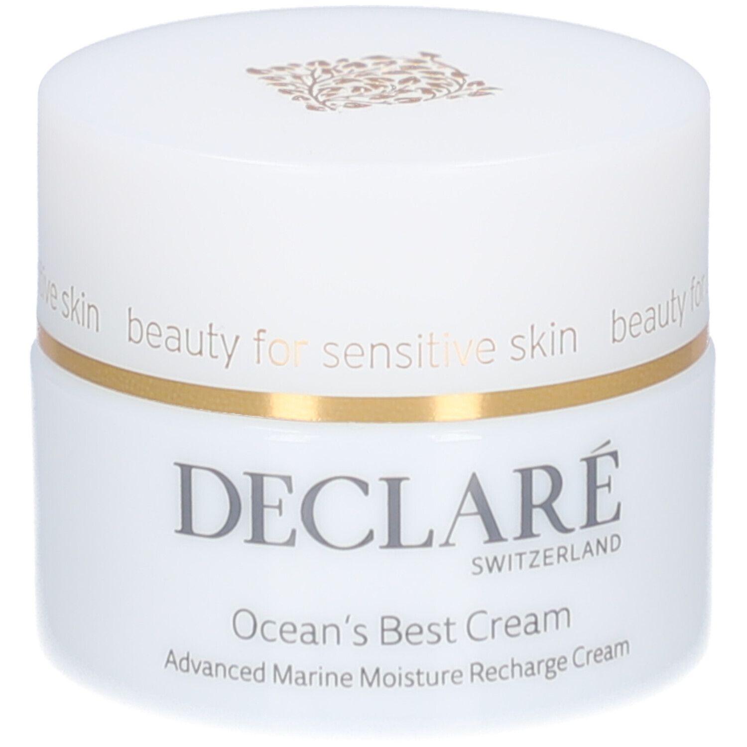 Pot blanc avec couvercle doré. Logo DECLARÉ et nom du produit Ocean's Best Cream.