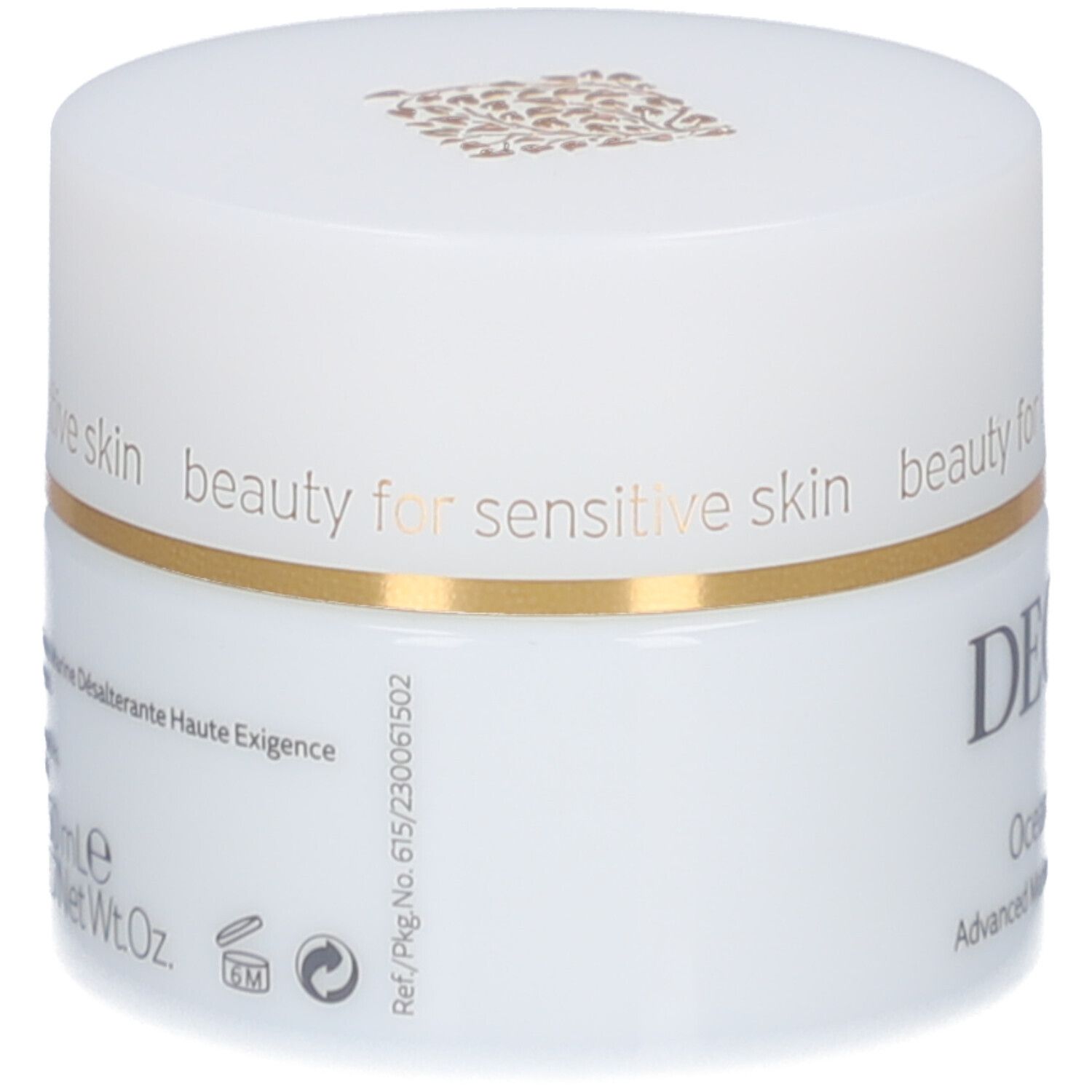 Pot blanc avec couvercle doré. Logo DECLARÉ et nom du produit Ocean's Best Cream.