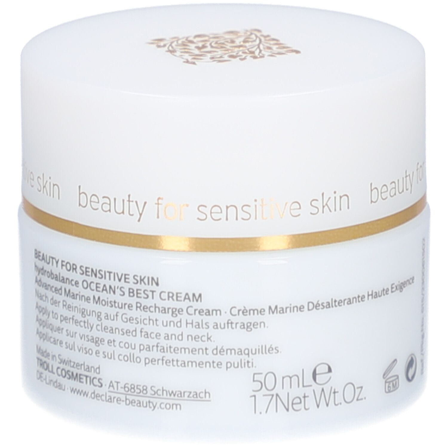 Pot blanc avec couvercle doré. Logo DECLARÉ et nom du produit Ocean's Best Cream.