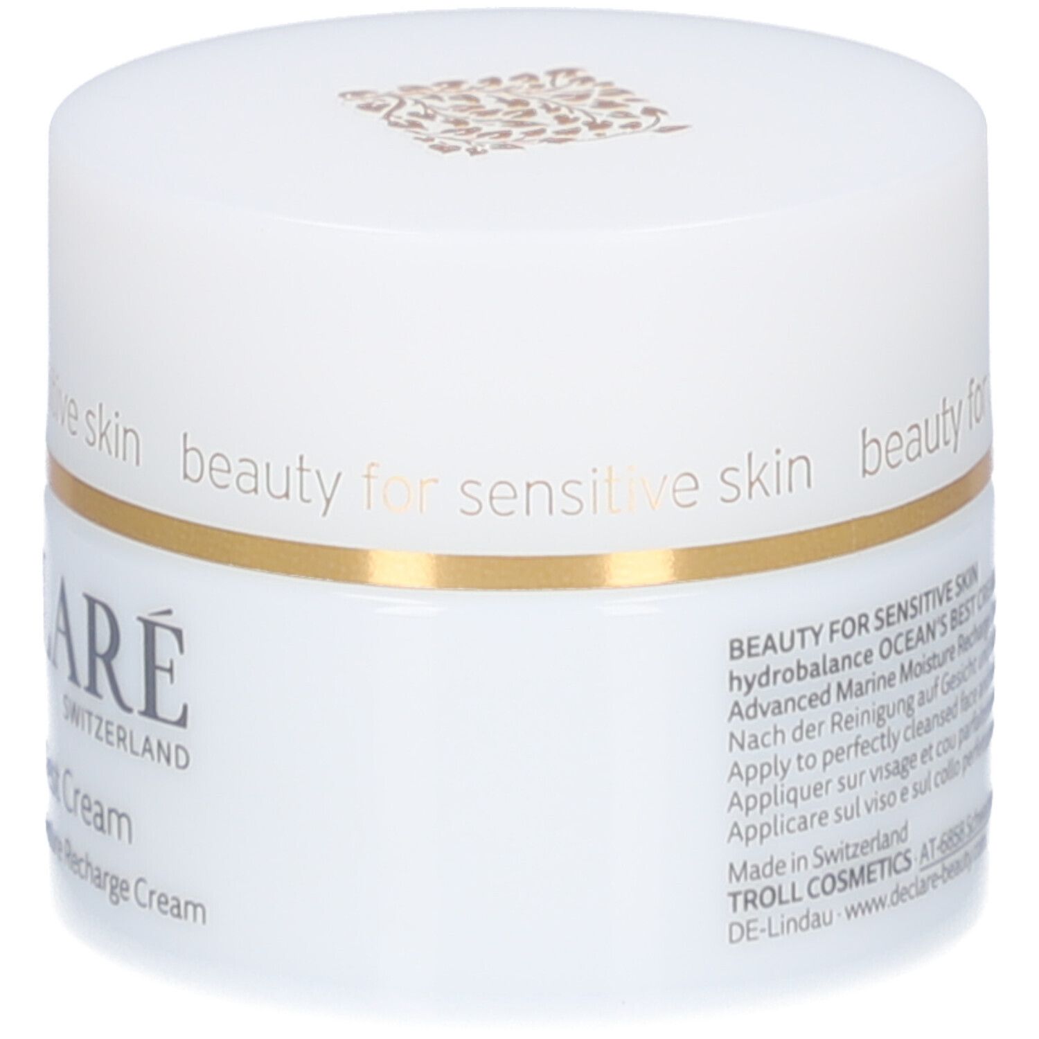 Pot blanc avec couvercle doré. Logo DECLARÉ et nom du produit Ocean's Best Cream.