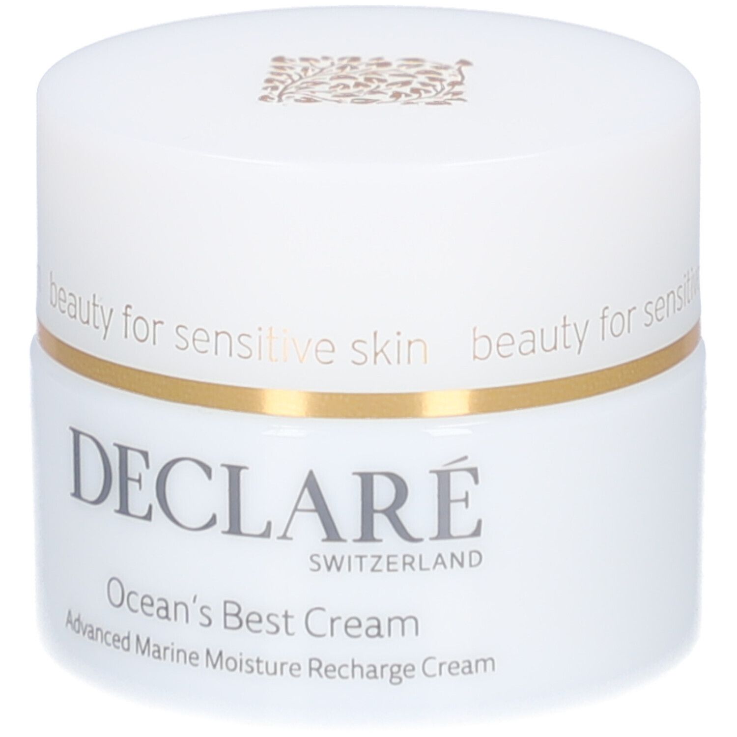 Pot blanc avec couvercle doré. Logo DECLARÉ et nom du produit Ocean's Best Cream.