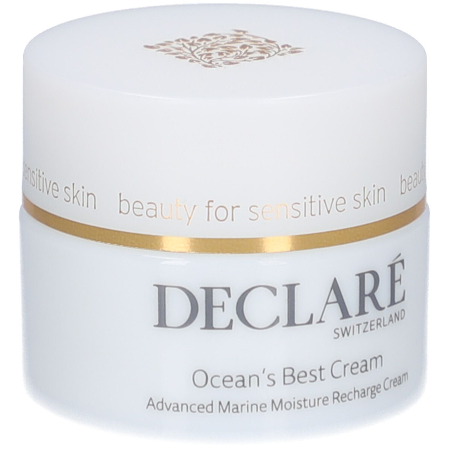 Pot blanc avec couvercle doré. Logo DECLARÉ et nom du produit Ocean's Best Cream.