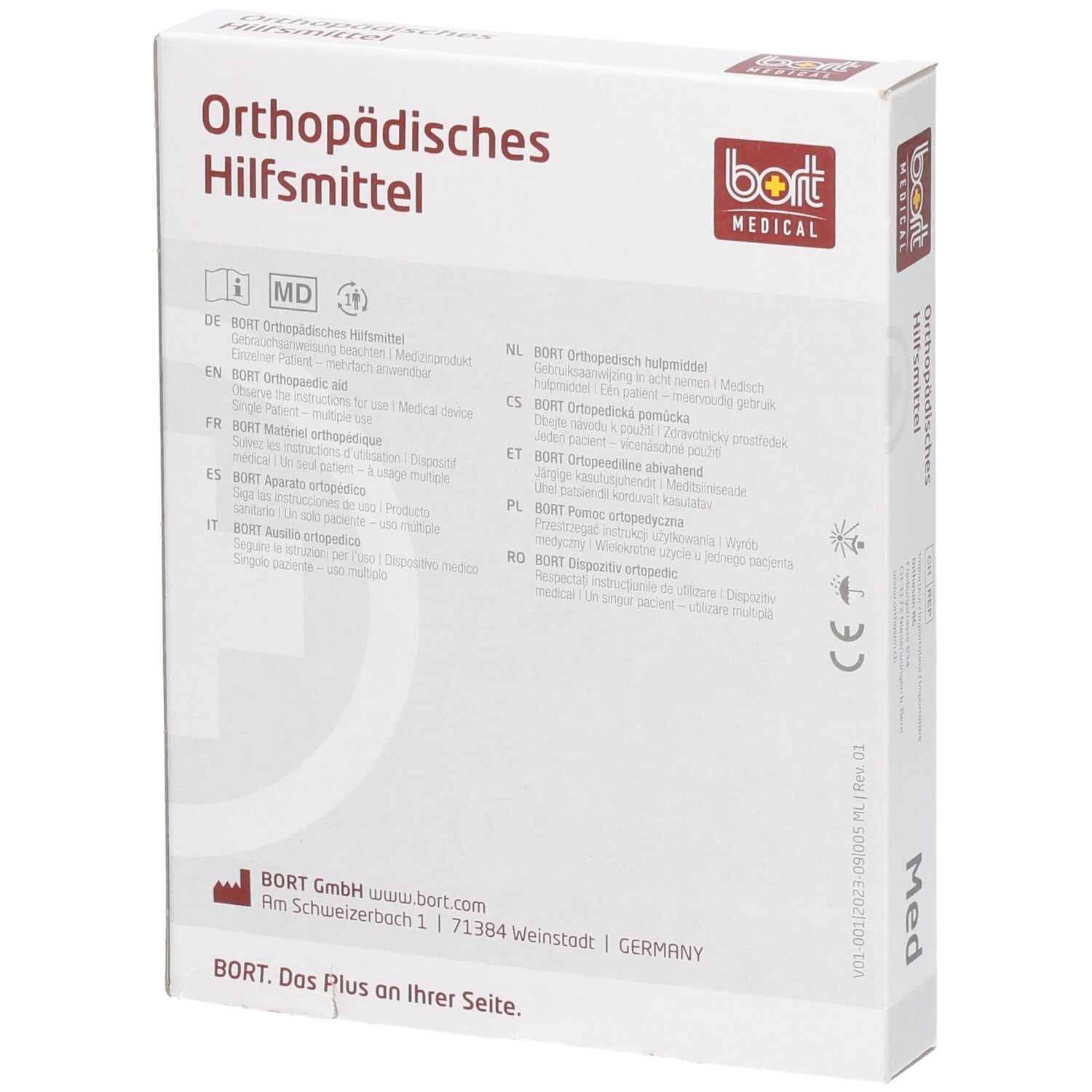Rückseite der BORT Orthopädisches Hilfsmittel Verpackung mit mehrsprachigen Hinweisen.