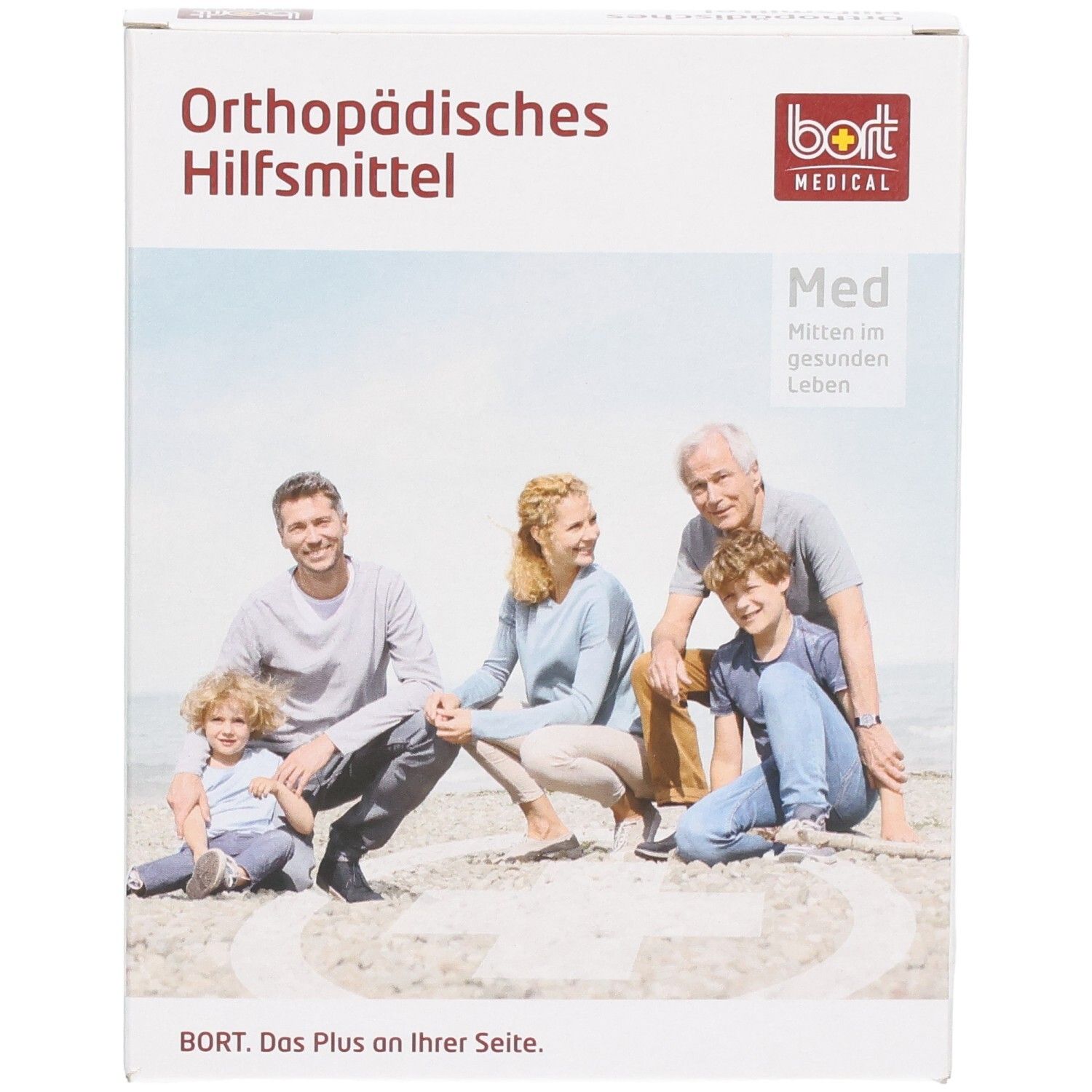 BORT Orthopädisches Hilfsmittel Verpackung mit Familie am Strand.