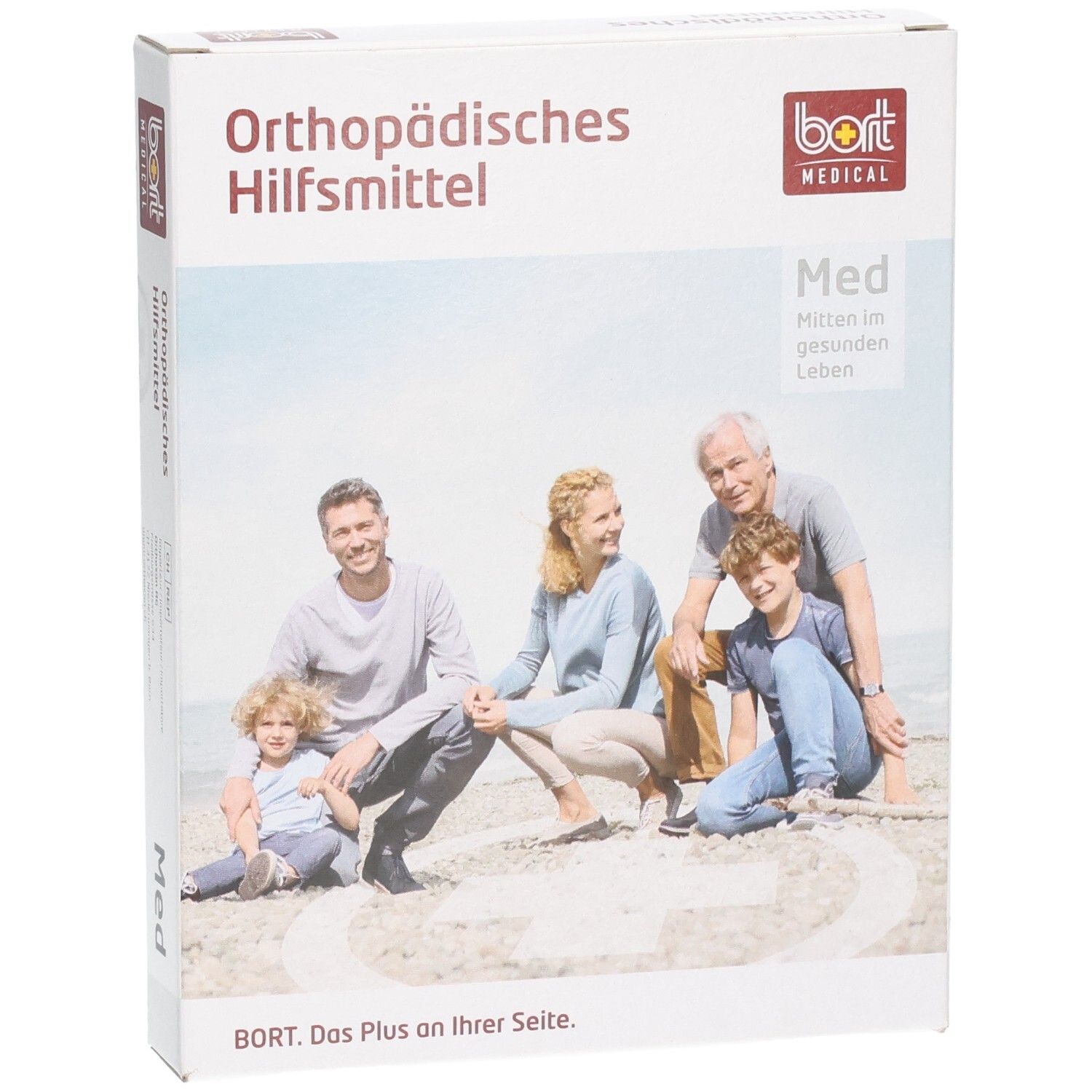 BORT Orthopädisches Hilfsmittel Verpackung mit Familie am Strand.