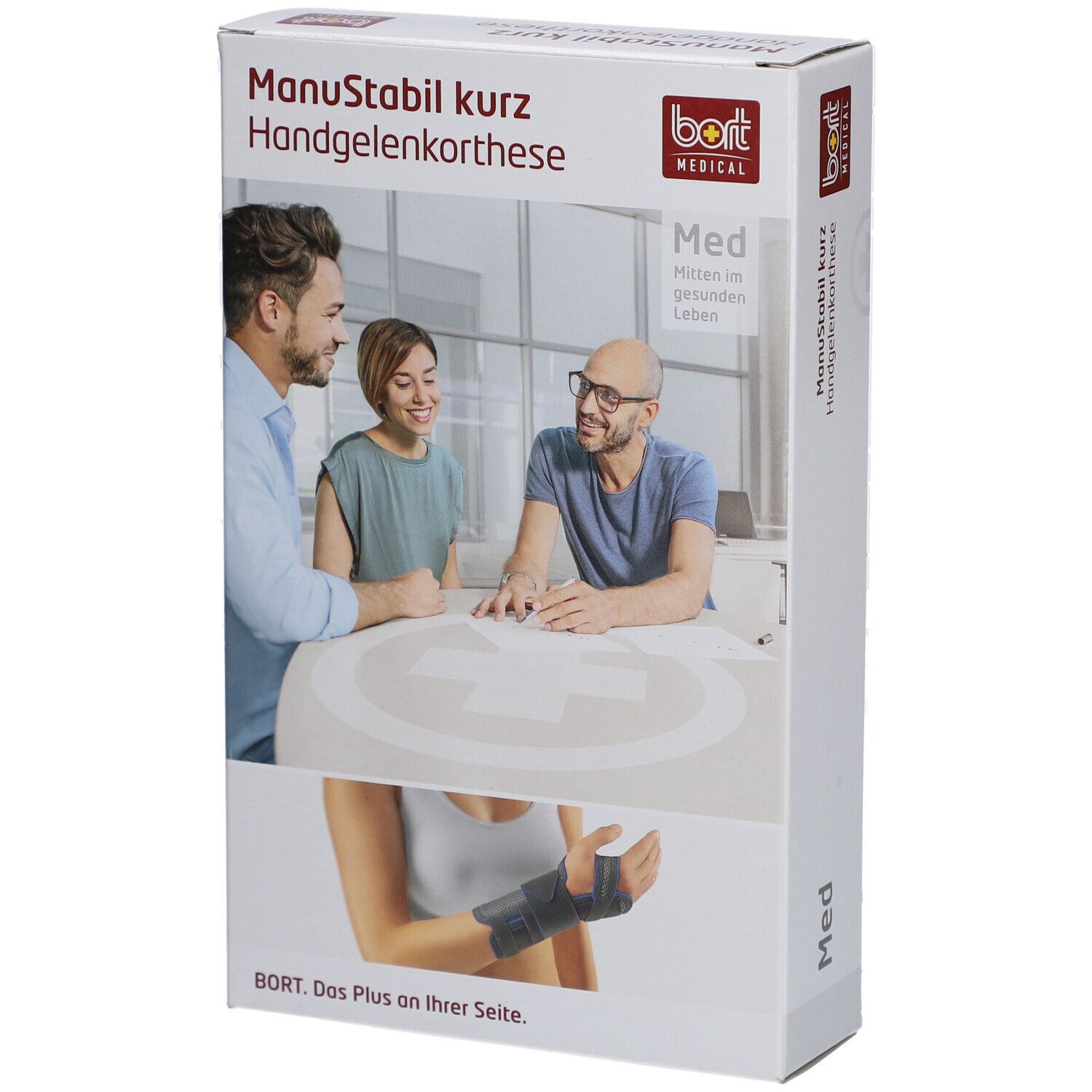 Verpackung der Handgelenkbandage. Aufdruck: ManuStabil kurz, bort MEDICAL. Abbildung: Handgelenkbandage am Handgelenk.