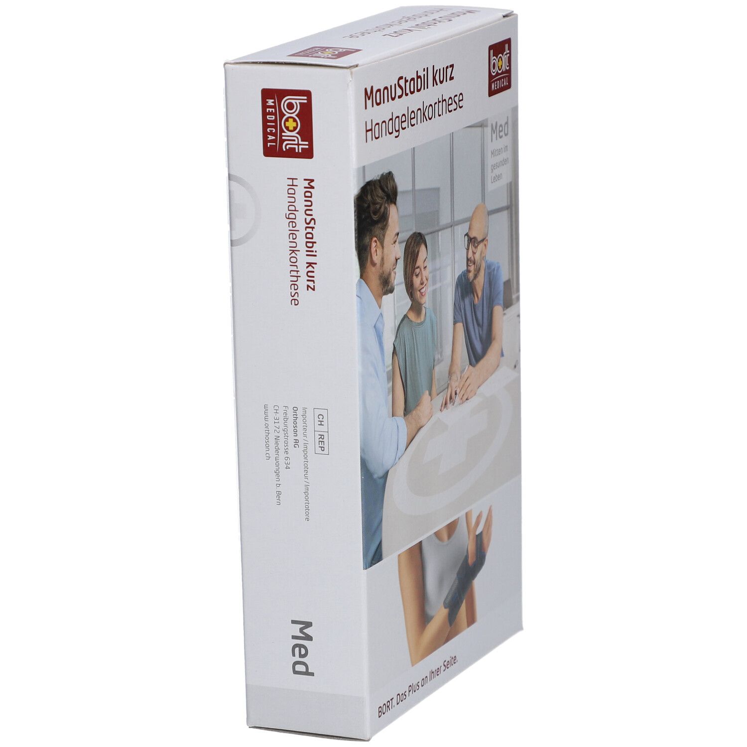 Verpackung der Handgelenkbandage, seitliche Ansicht. Aufdruck: ManuStabil kurz, bort MEDICAL. Abbildung: Personen am Tisch.