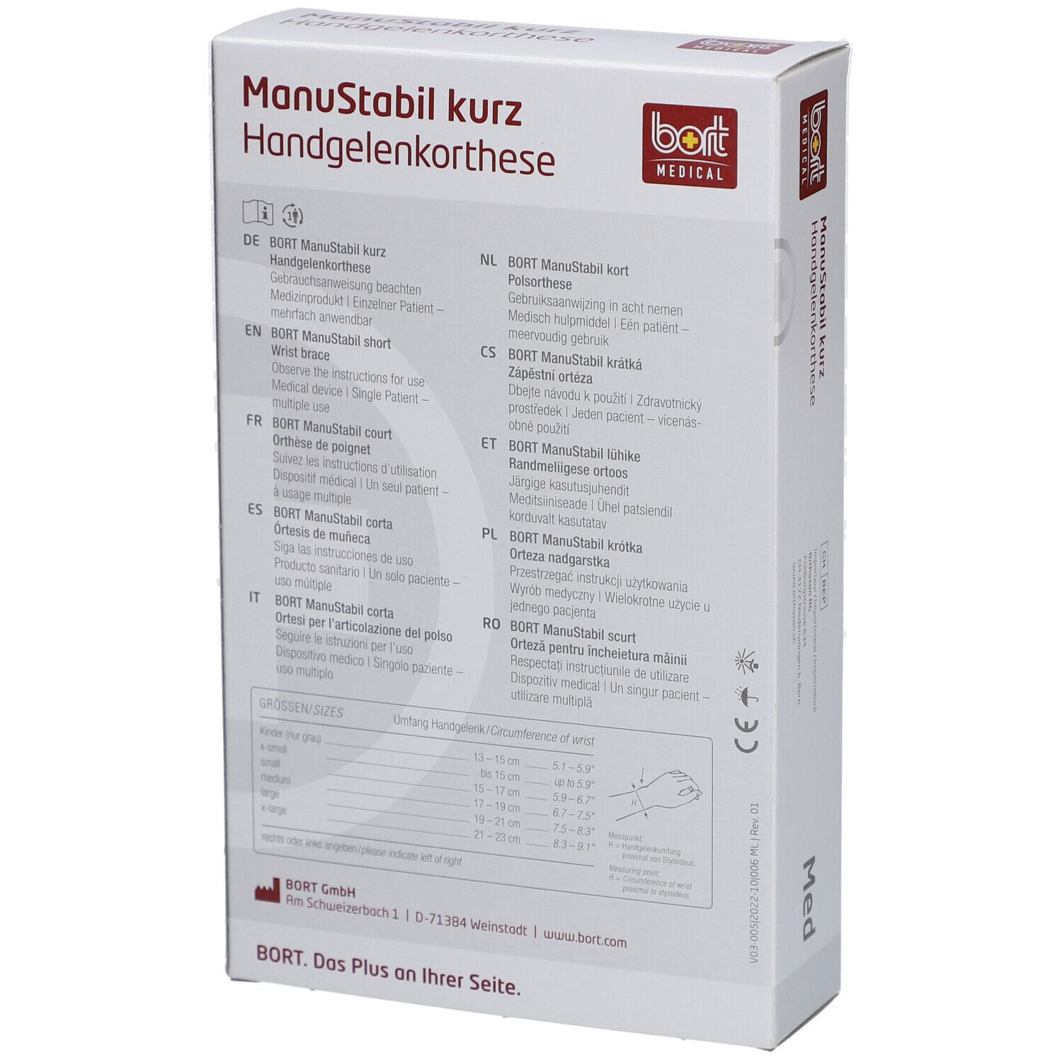 Rückseite der Verpackung. Text in mehreren Sprachen. Größenangaben und Herstellerinformationen. Abbildung: Handgelenkbandage.