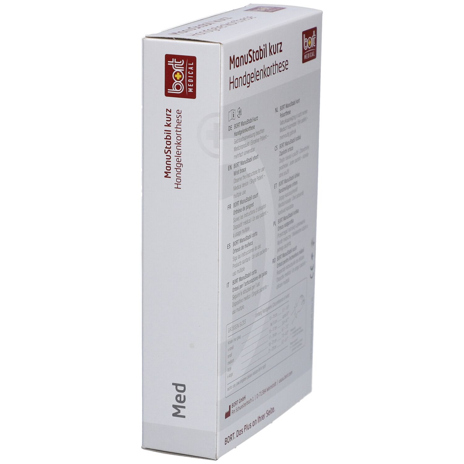 Verpackung der Handgelenkbandage, seitliche Ansicht. Aufdruck: ManuStabil kurz, bort MEDICAL. Text in mehreren Sprachen.