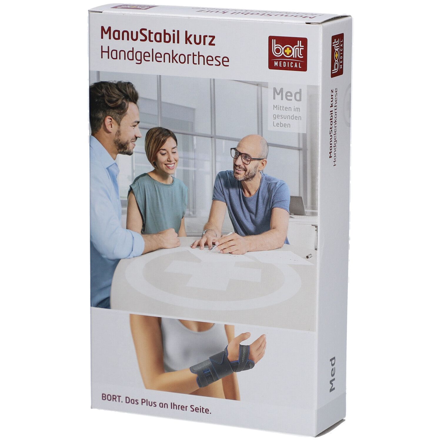 Verpackung der Handgelenkbandage. Aufdruck: ManuStabil kurz, bort MEDICAL. Abbildung: Handgelenkbandage am Handgelenk.