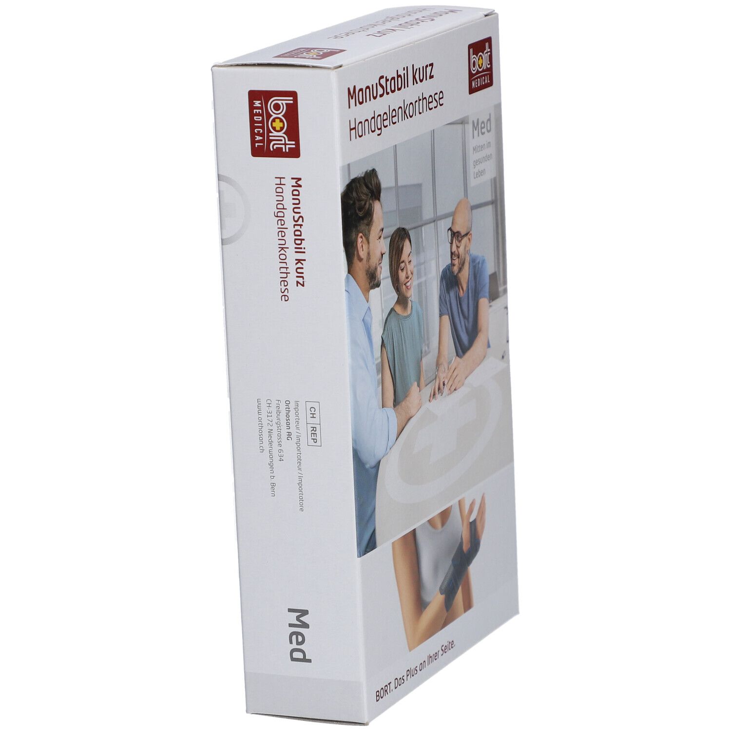 Verpackung, seitliche Ansicht. Aufdruck: ManuStabil kurz, bort MEDICAL. Abbildung: Handgelenkbandage am Handgelenk.