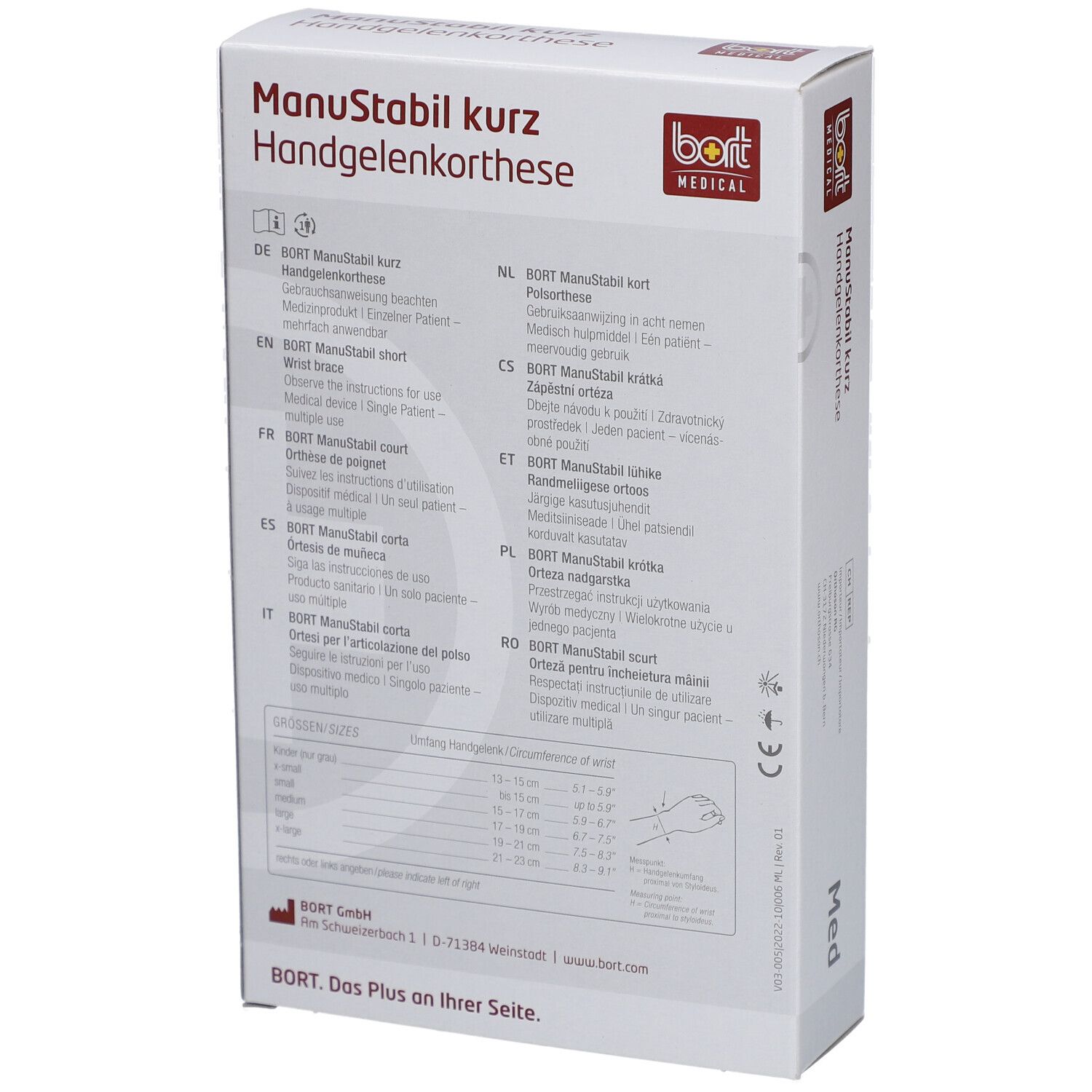Rückseite der Verpackung. Text in verschiedenen Sprachen. Aufdruck: ManuStabil kurz, bort MEDICAL. Größenangaben.