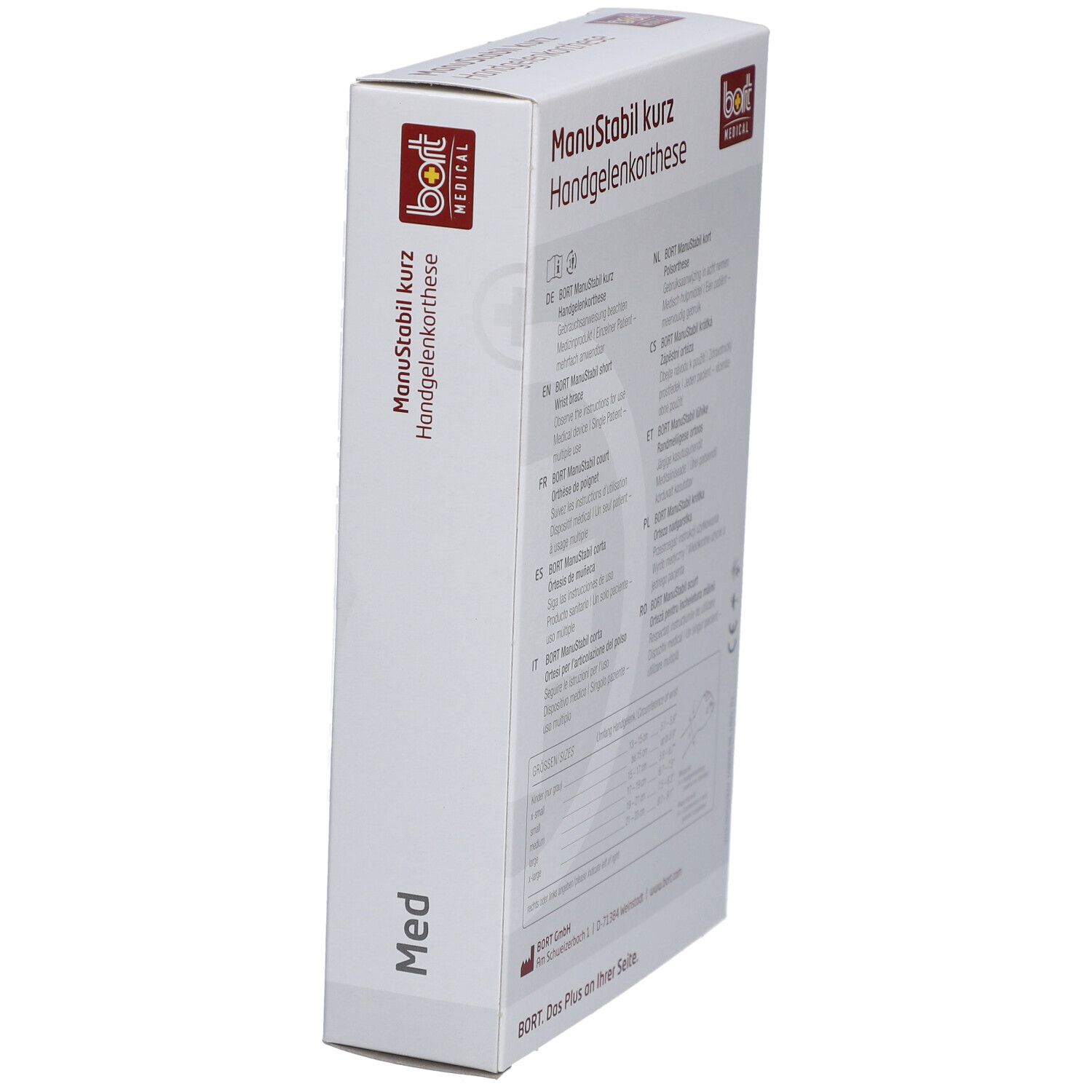 Seitenansicht der Verpackung. Aufdruck: ManuStabil kurz, bort MEDICAL. Text: Med.