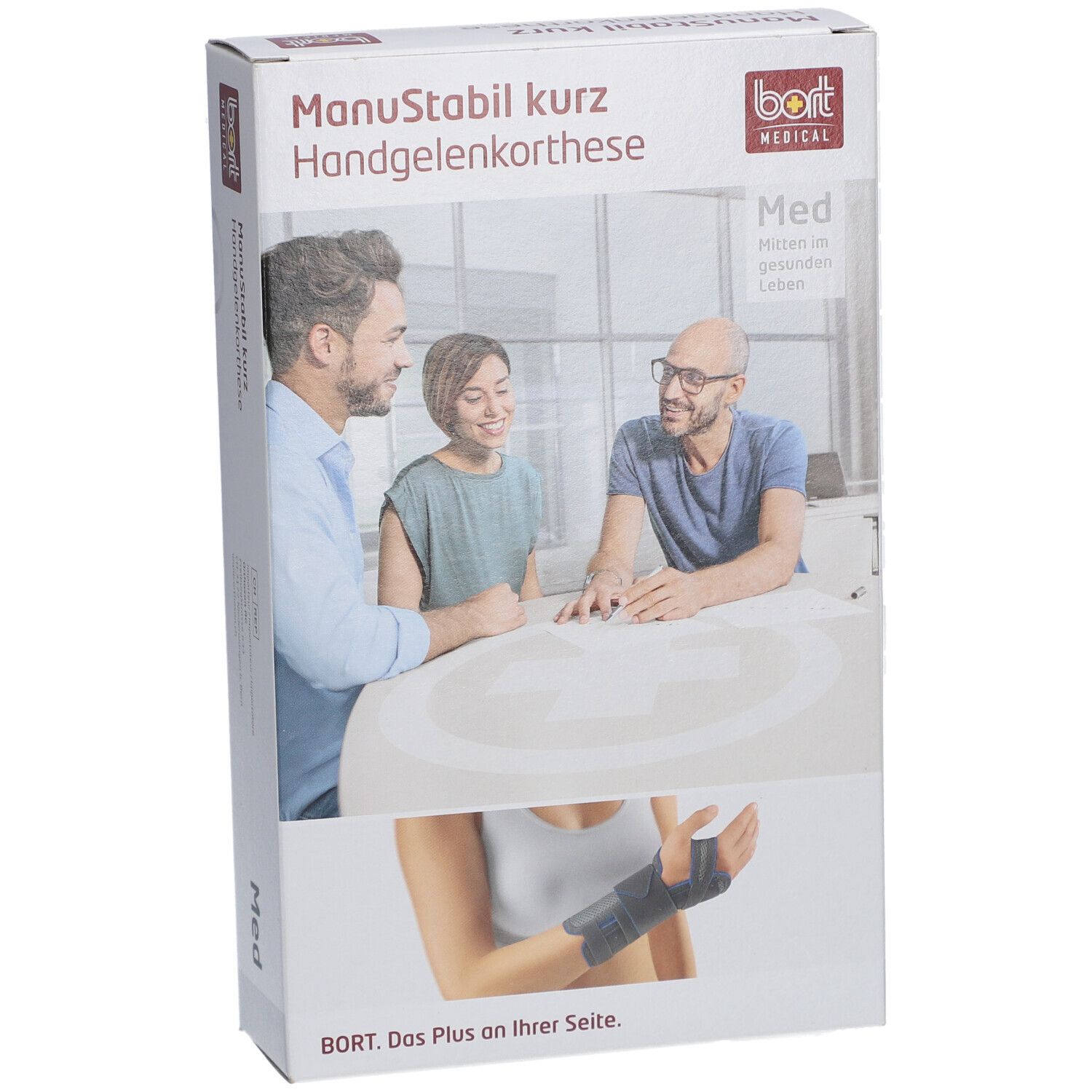 Verpackung der Handgelenkbandage. Aufdruck: ManuStabil kurz, bort MEDICAL. Abbildung: Handgelenkbandage am Handgelenk.
