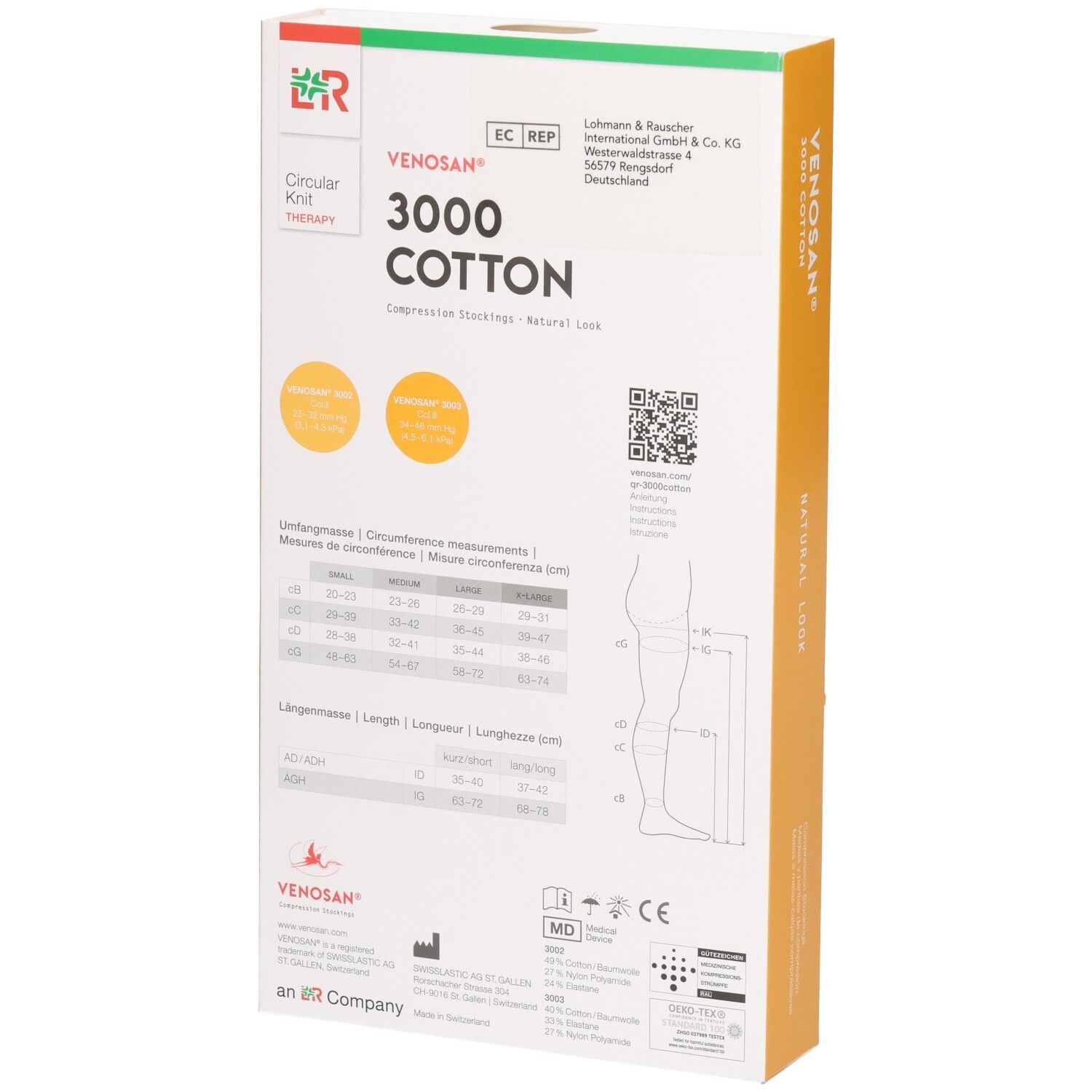 Rückseite Venosan 3000 Cotton Kompressions-Kniestrümpfe Karton mit Größentabelle und medizinischen Symbolen.