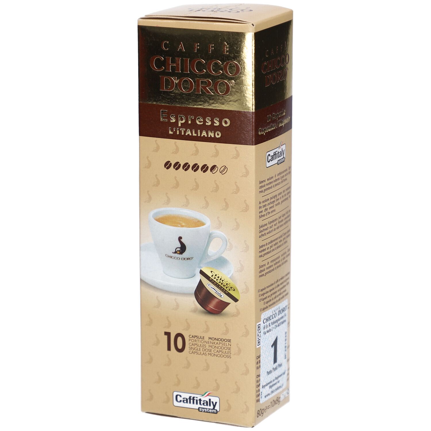 Kaffeekapseln-Verpackung. Goldfarbener Karton mit Produktnamen und Espresso-Abbildung. 10 Kapseln. Caffitaly-System.