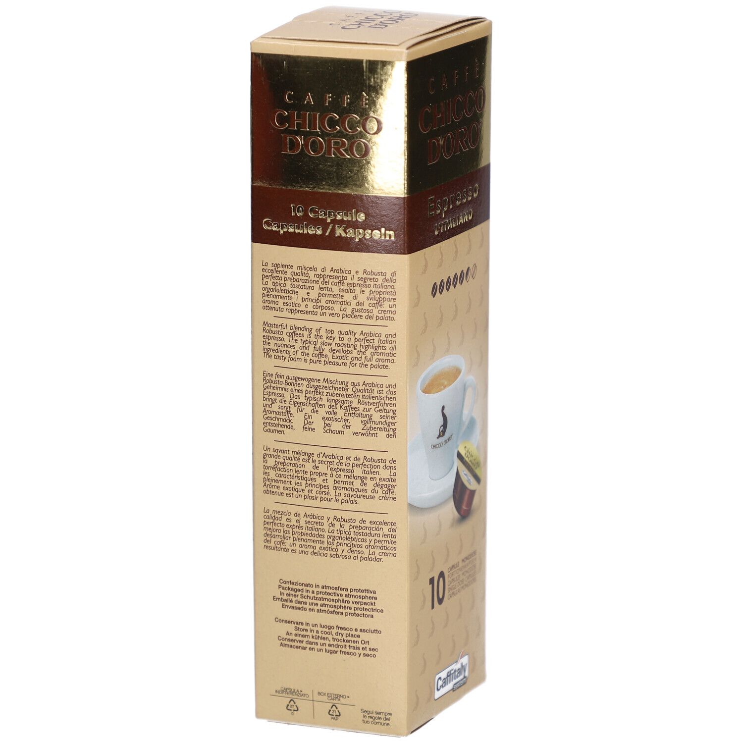 Kaffeekapseln-Verpackung, Rückseite. Text in mehreren Sprachen. 10 Kapseln. Caffitaly-System. Goldfarben.