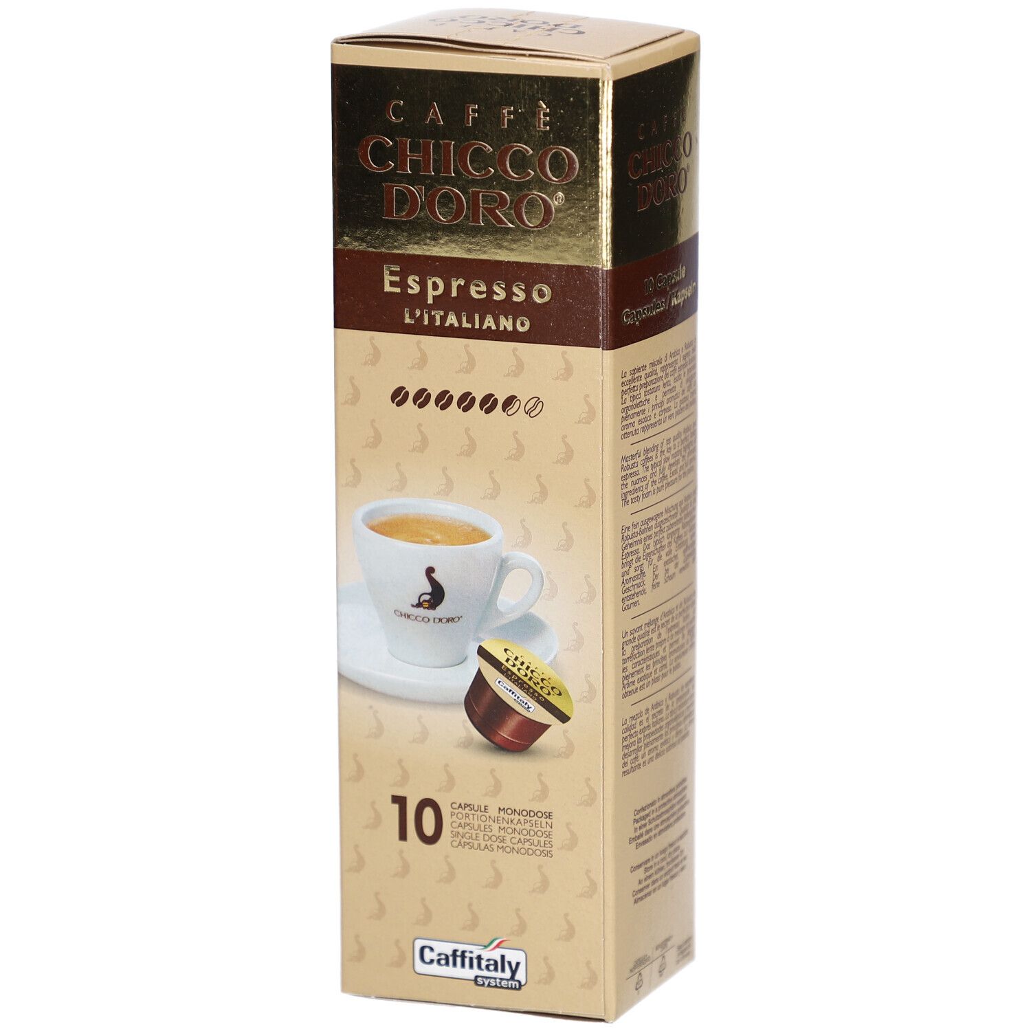 Kaffeekapseln-Verpackung. Goldfarbener Karton mit Produktnamen und Espresso-Abbildung. 10 Kapseln. Caffitaly-System.