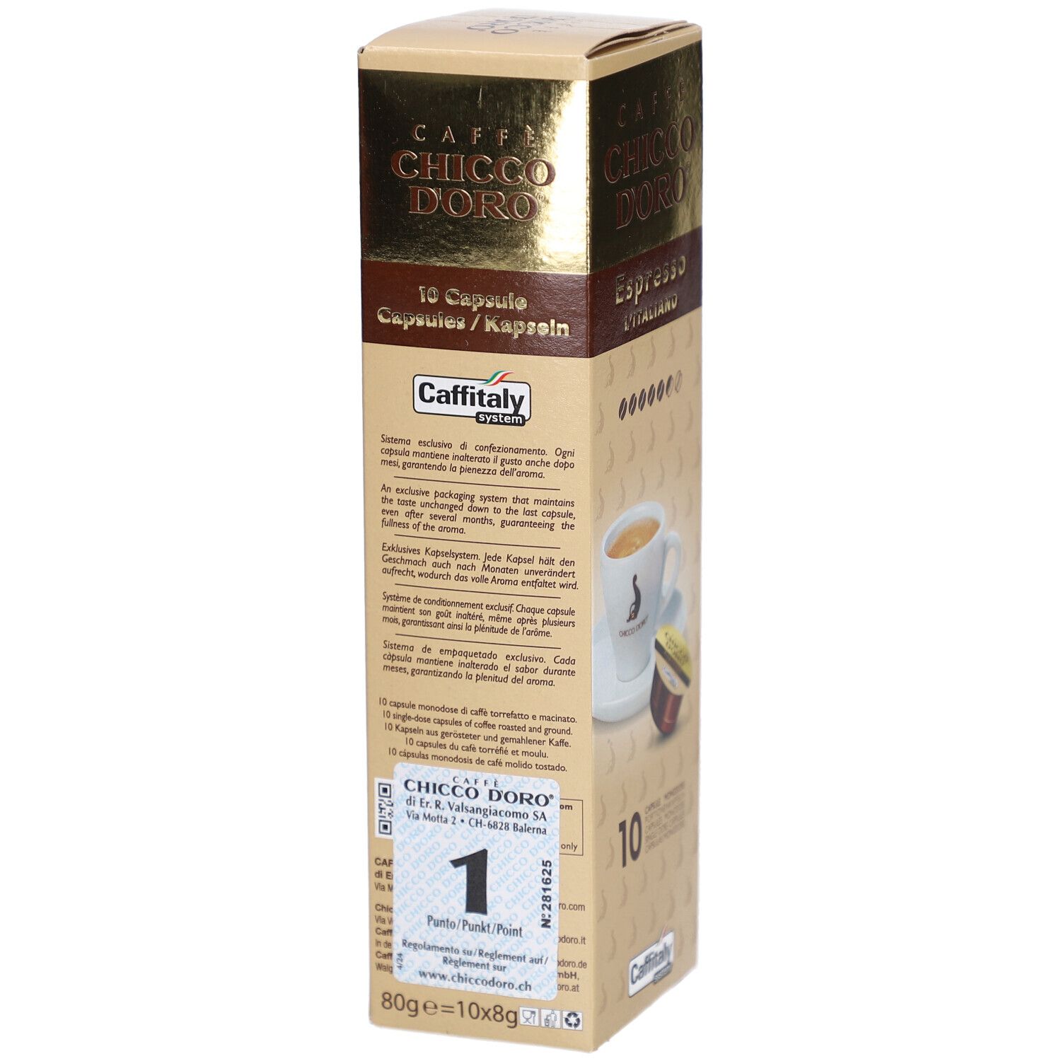 Kaffeekapseln-Verpackung, Rückseite. Text in mehreren Sprachen. 10 Kapseln. Caffitaly-System. Goldfarben.