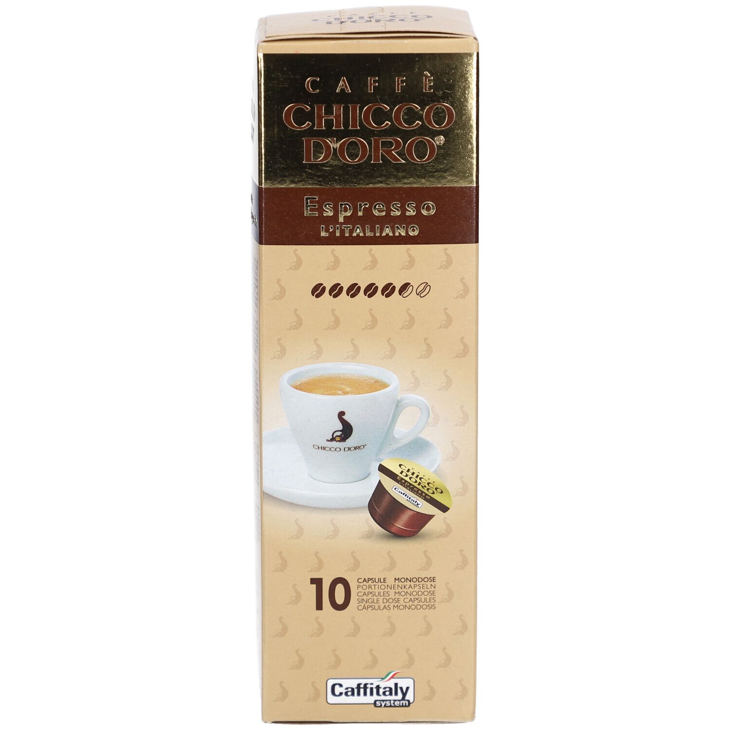 Kaffeekapseln-Verpackung. Goldfarbener Karton mit Produktnamen und Espresso-Abbildung. 10 Kapseln. Caffitaly-System.
