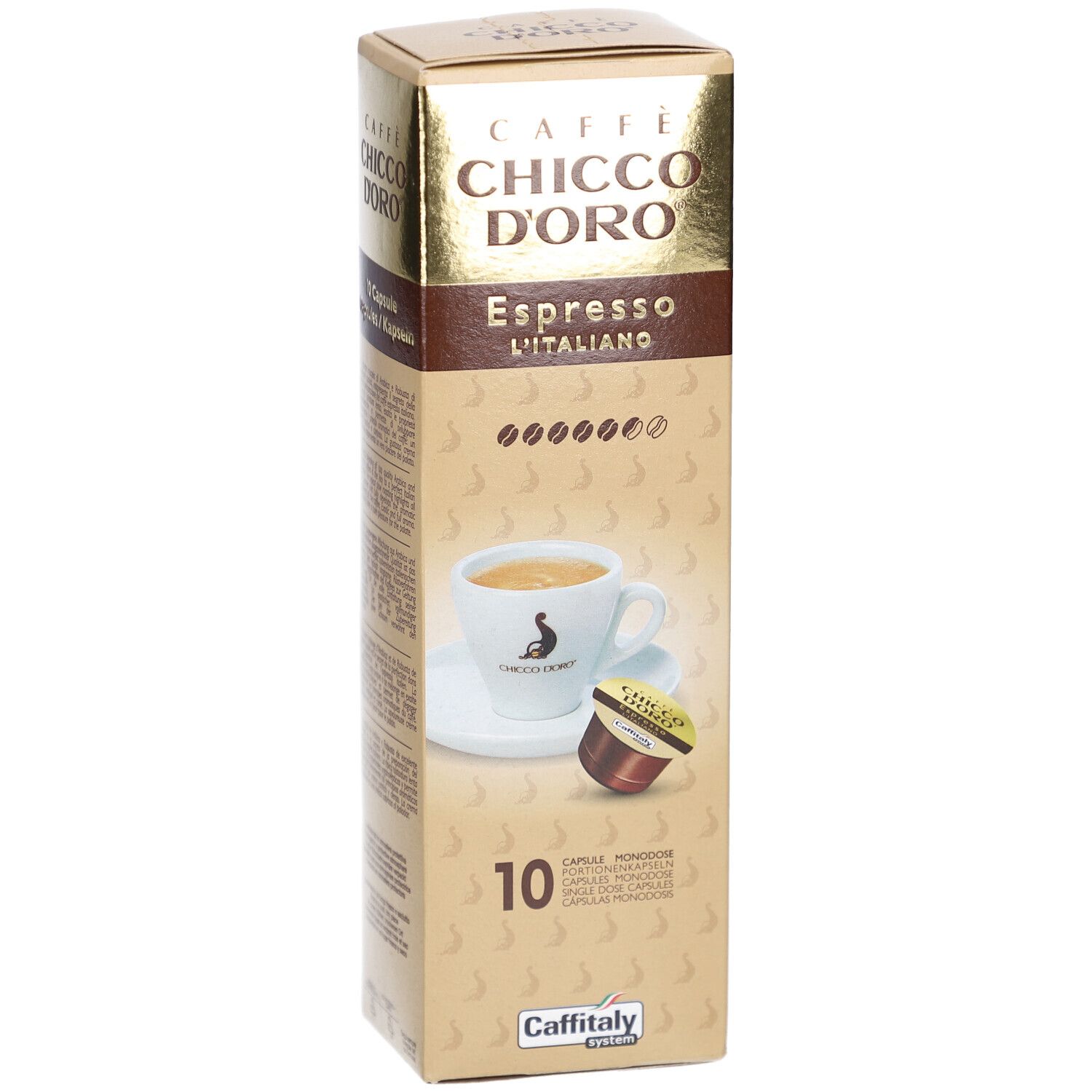Kaffeekapseln-Verpackung. Goldfarbener Karton mit Produktnamen und Espresso-Abbildung. 10 Kapseln. Caffitaly-System.