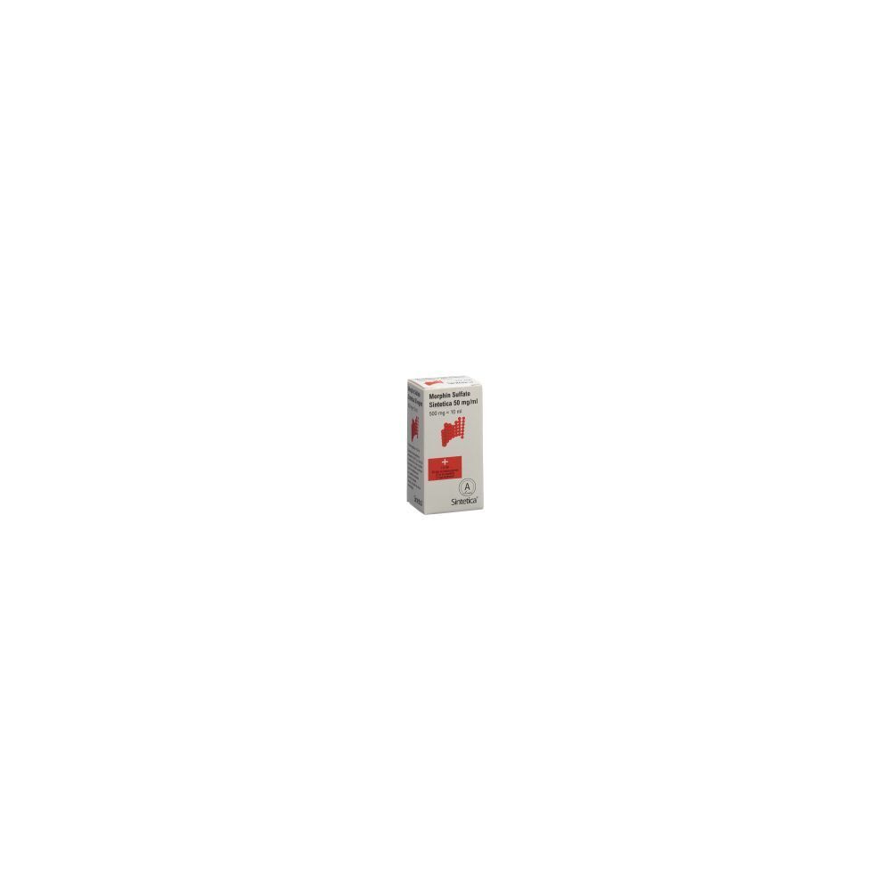 Kartonverpackung mit roter und weißer Beschriftung. Text: MORPHIN SULF Sintetica 500 mg/10ml. Rotes Logo.