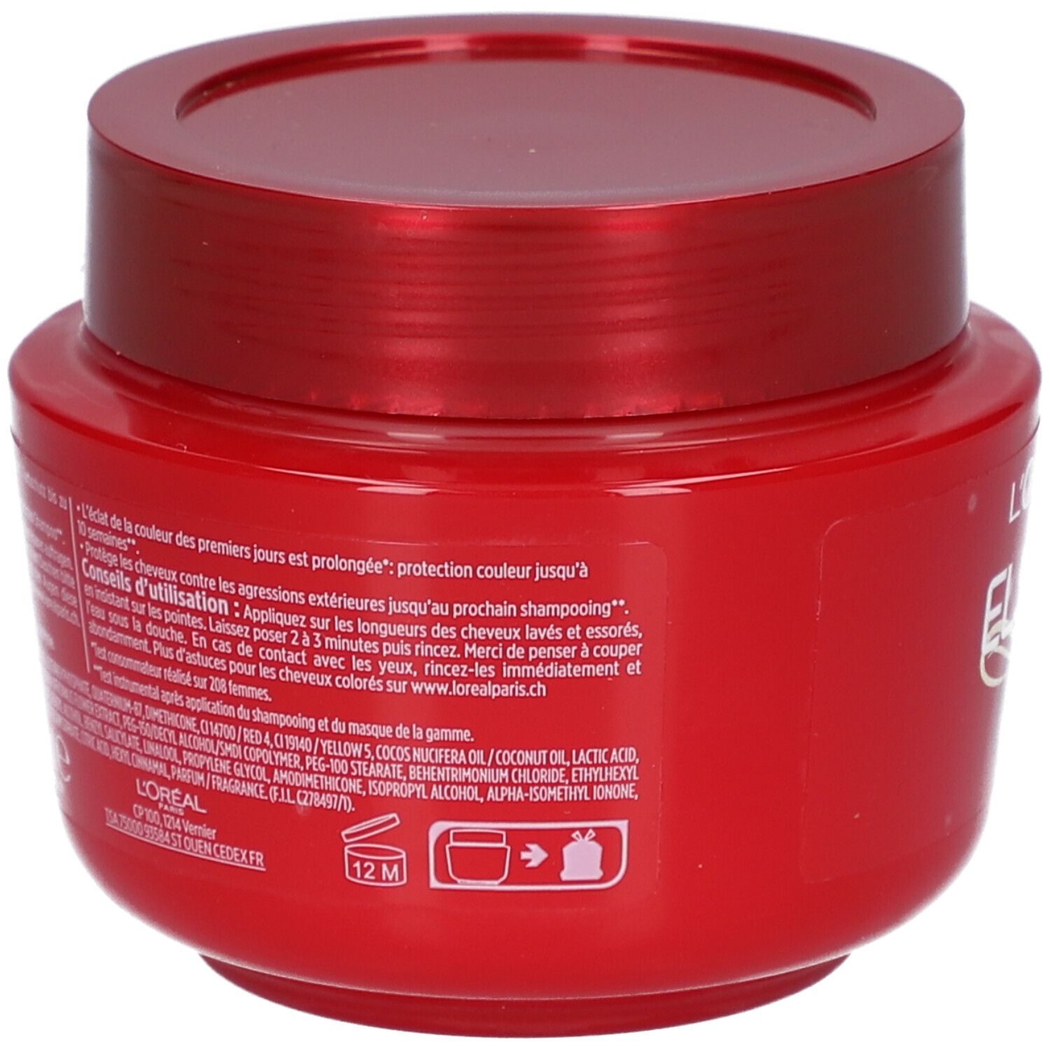Rote Dose L'Oréal Paris Elseve. Rückseite mit Text, Inhaltsstoffen und 12M-Symbol.