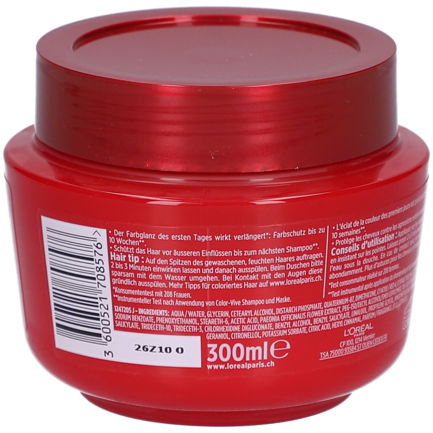 Rote Dose L'Oréal Paris Elseve. Rückseite mit Text, Inhaltsstoffen und 300ml-Angabe.