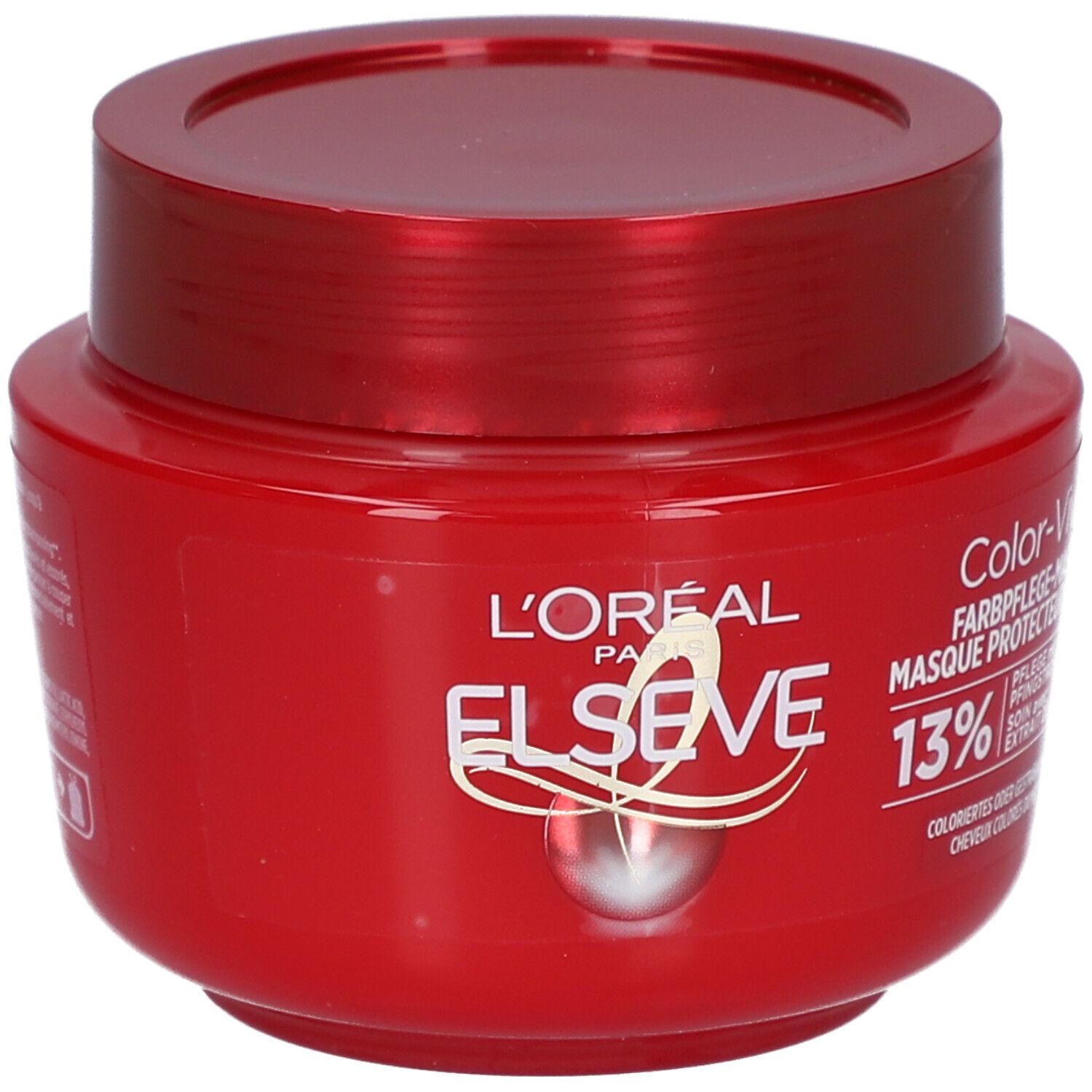Rote Dose mit L'Oréal Paris Elseve. Aufschrift Color-Vive, Farbpflege-Maske. 13%.