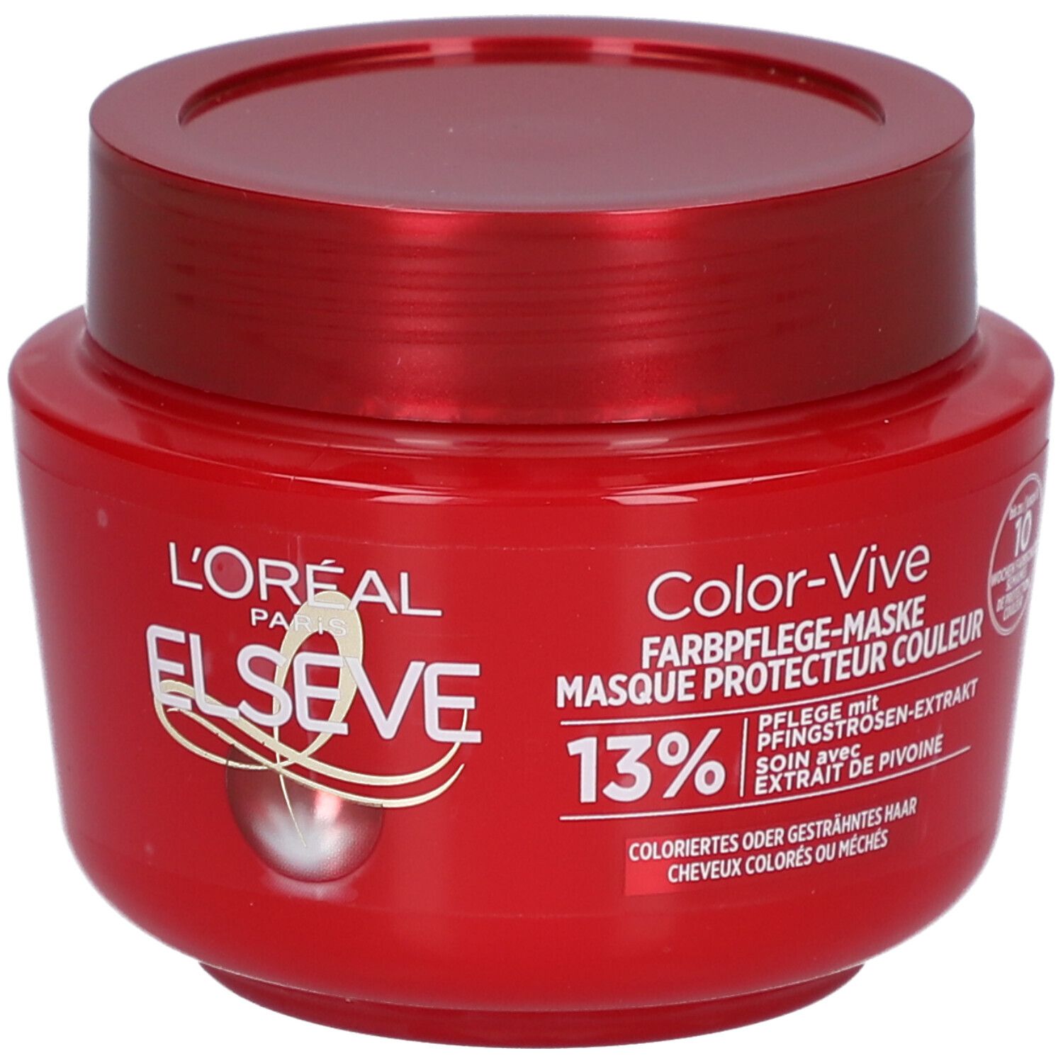 Rote Dose L'Oréal Paris Elseve Color-Vive. Farbpflege-Maske. 13%. Mit Pfingstrosen-Extrakt.