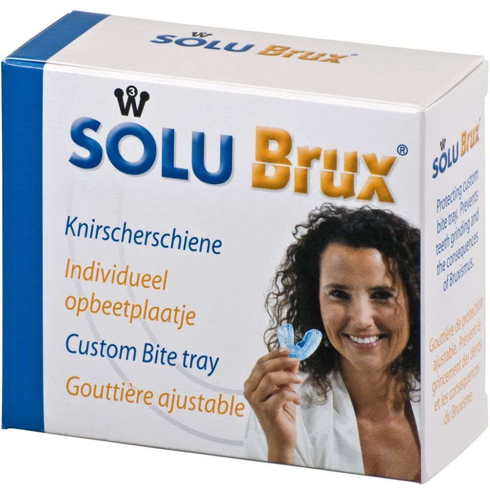 Emballage SOLU Brux. Nom du produit, femme tenant gouttière. Texte en allemand, néerlandais et français.
