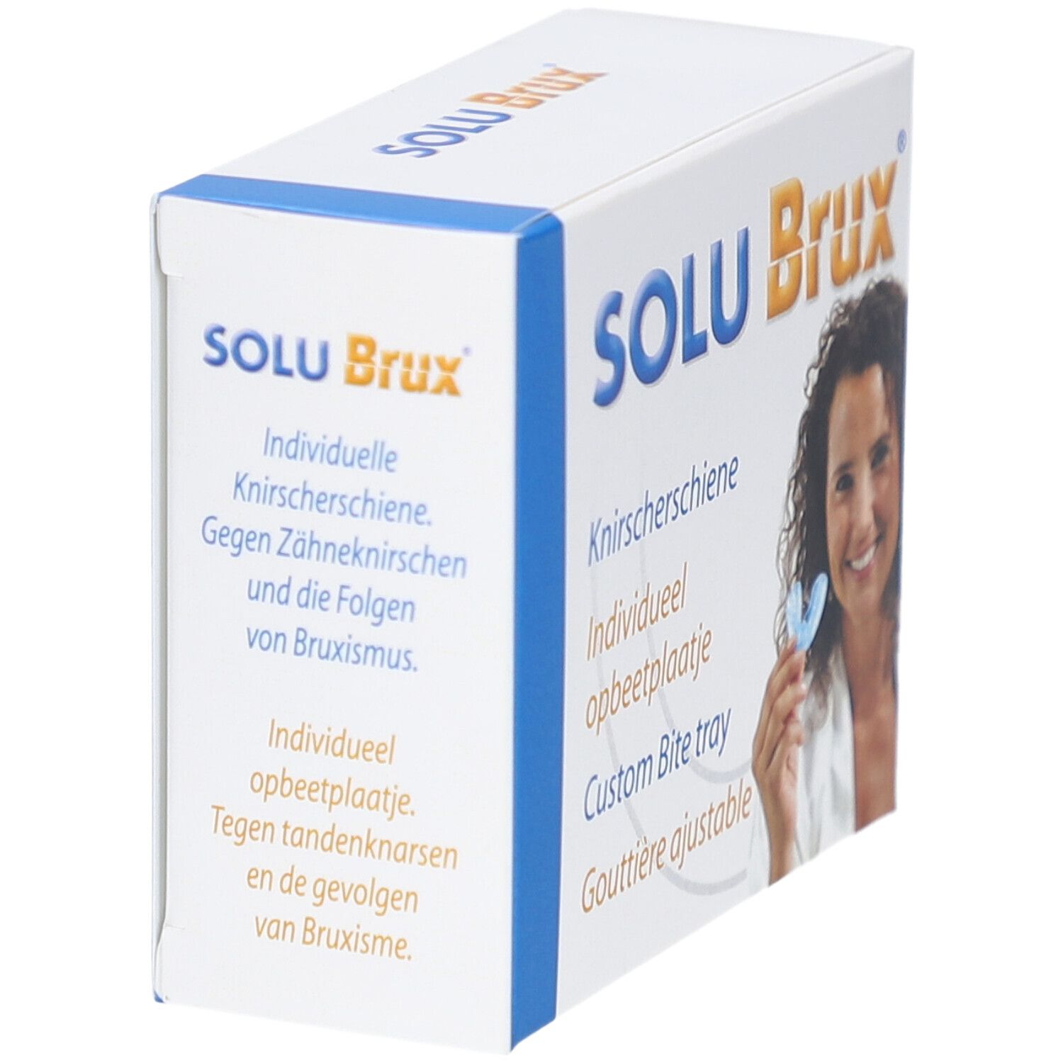 Verpackung von SOLU Brux. Aufdruck: Knirscher-schiene, opbeetplaatje individuel, Custom Bite tray, Gouttière ajustable. Text in Deutsch und Niederländisch.
