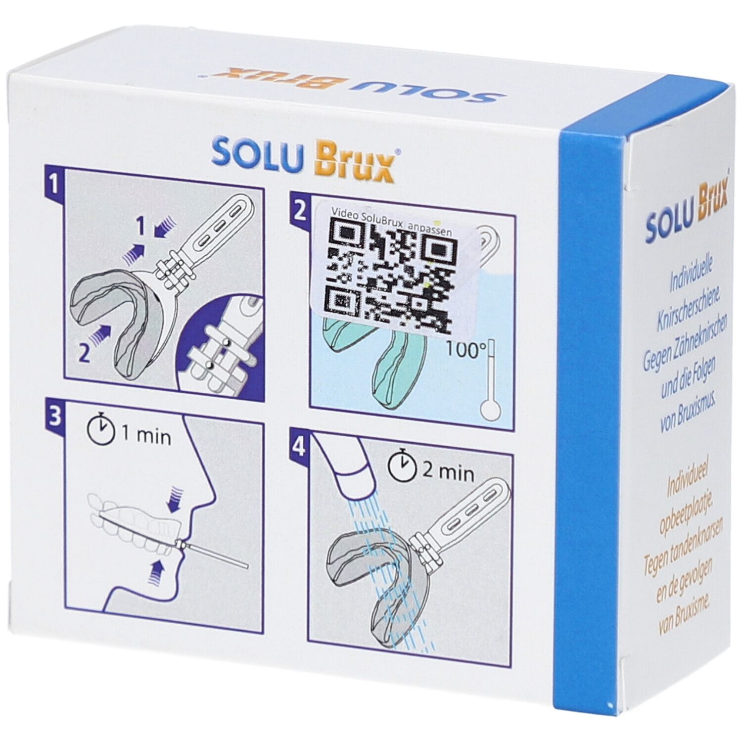 Verpackung von SOLU Brux. Aufdruck: Knirscher-schiene, opbeetplaatje individuel, Custom Bite tray, Gouttière ajustable. Anweisungen mit Bildern und QR-Code.