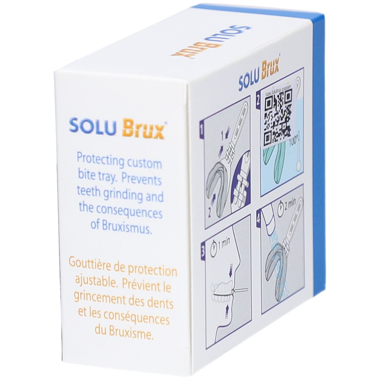 Verpackung von SOLU Brux. Aufdruck: Knirscher-schiene, opbeetplaatje individuel, Custom Bite tray, Gouttière ajustable. Text in Deutsch und Französisch.