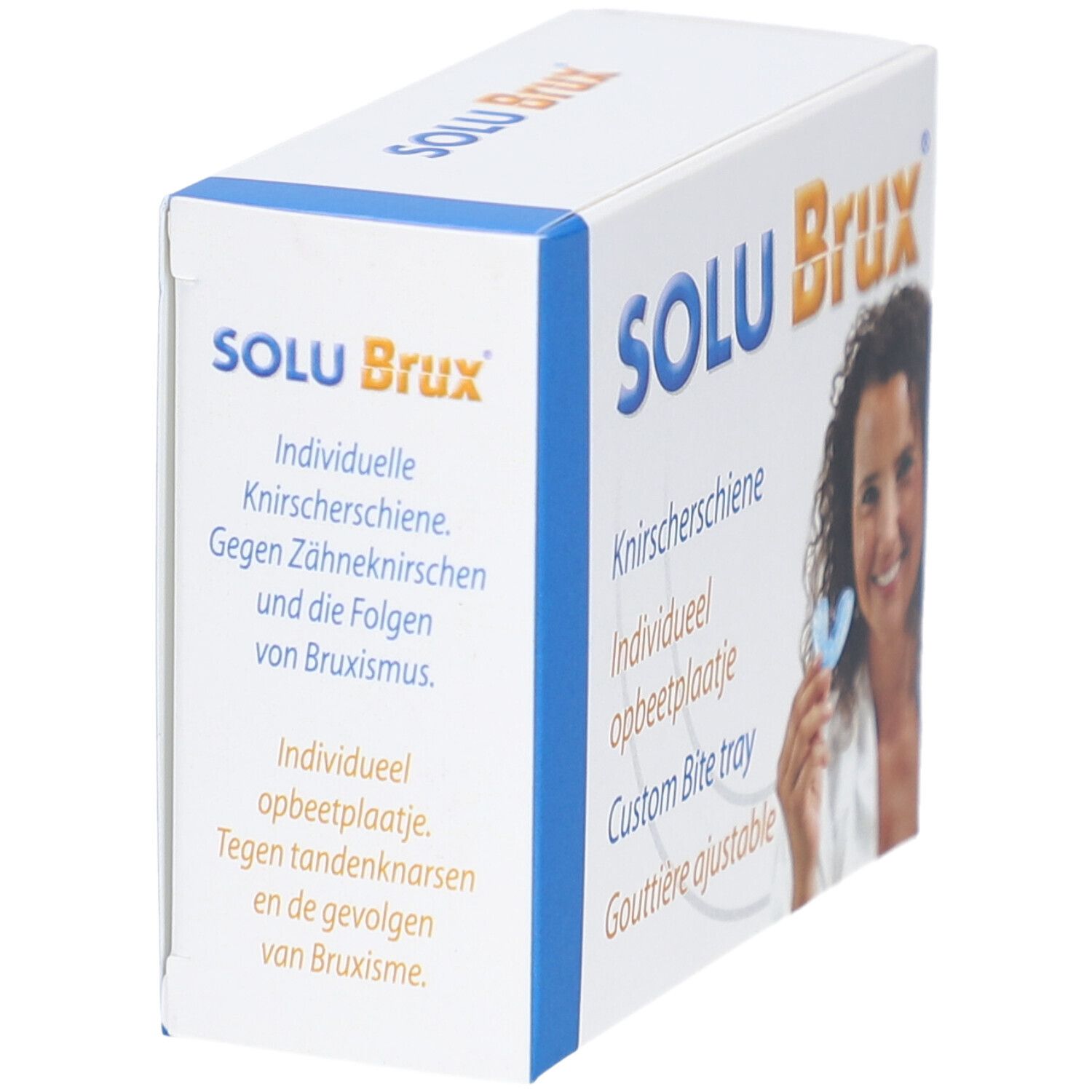 Verpackung SOLU Brux. Aufdruck: Knirscher-Schiene. Blaue und blaue Streifen.