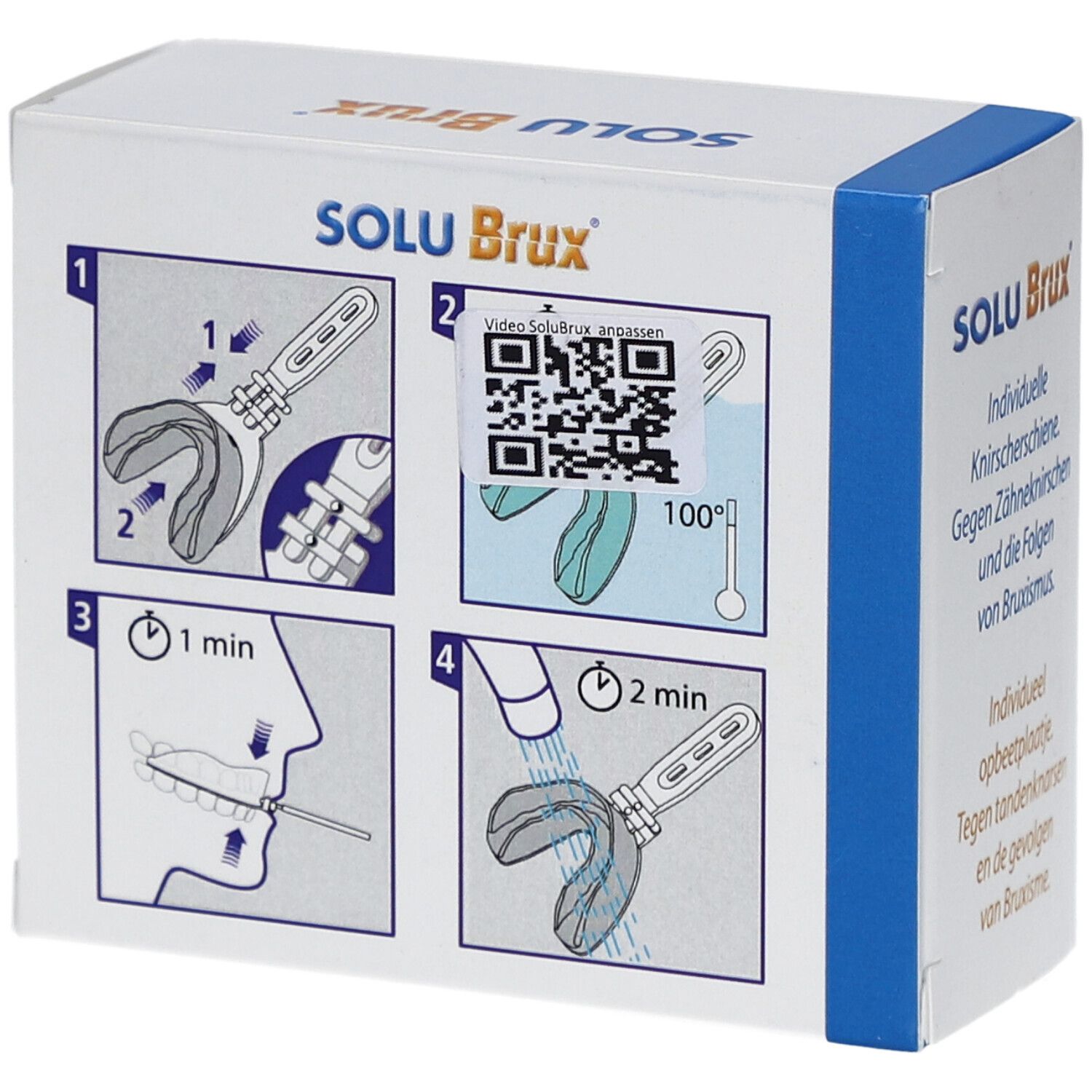 Verpackung SOLU Brux. Anweisungen: Anpassung, QR-Code, 100°C, 1 min, 2 min.