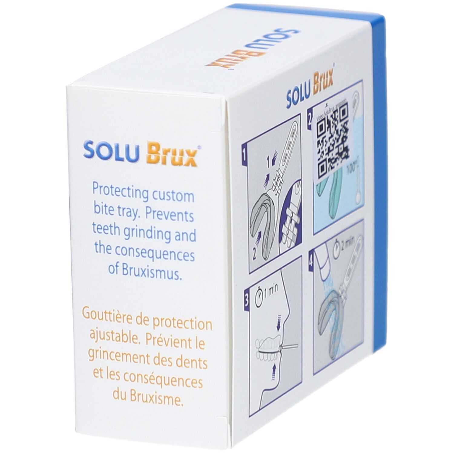 Verpackung SOLU Brux. Aufdruck: Knirscher-Schiene. Anweisungen: Anpassung, QR-Code, 100°C, 1 min, 2 min.