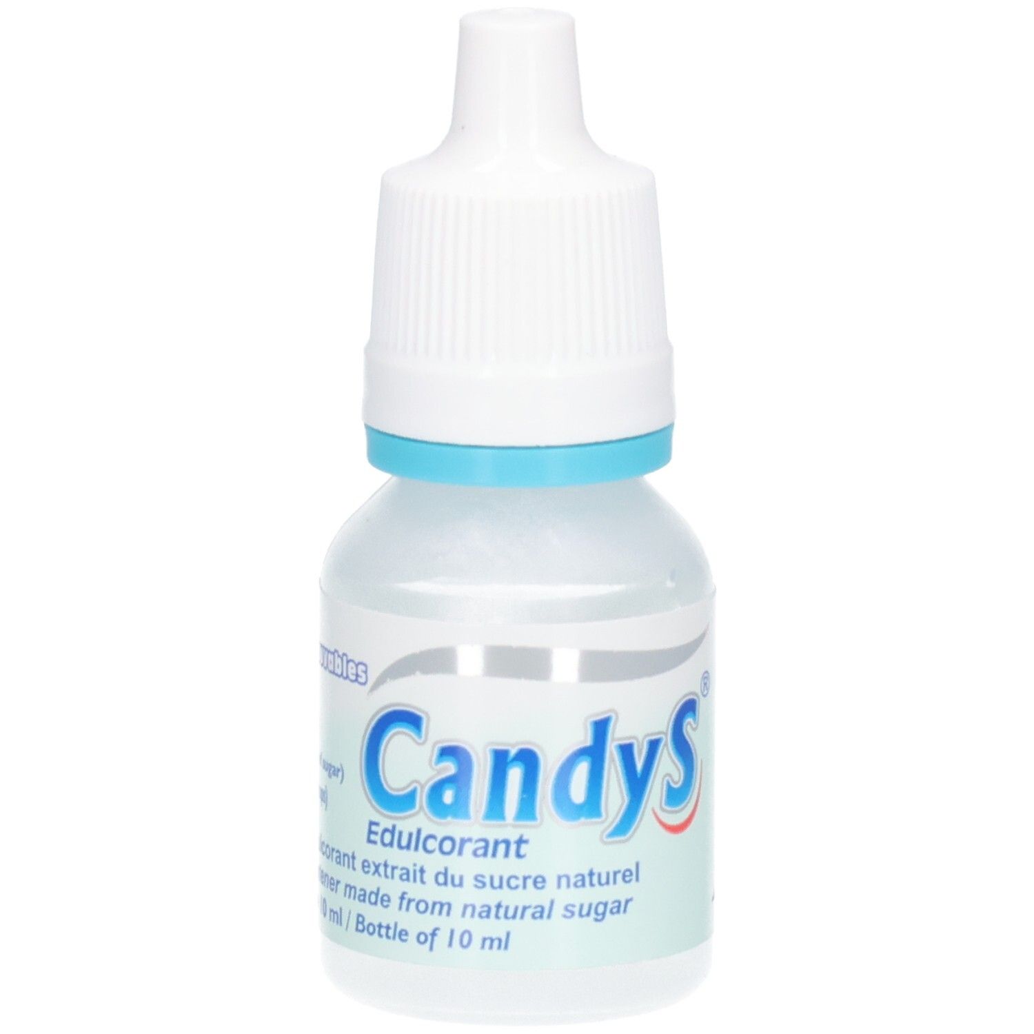 Klarflüssiges Produkt in einer Tropfflasche mit weißem Verschluss und blauem Ring. Aufschrift: CandyS, Edulcorant.