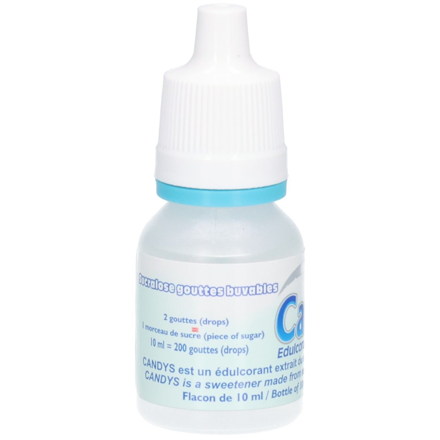 Tropfflasche mit weißem Verschluss und blauem Ring. Aufschrift: CandyS, Edulcorant. Text: 2 Tropfen = 1 Stück Zucker.
