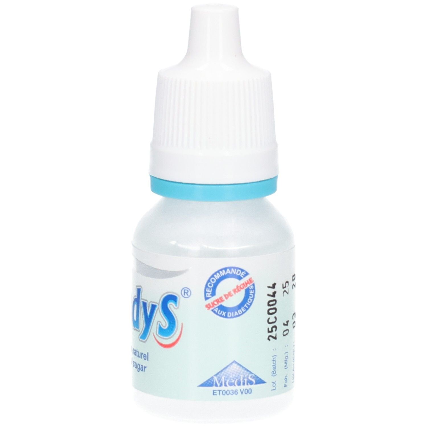 Tropfflasche mit weißem Verschluss und blauem Ring. Aufschrift: CandyS, Edulcorant. Mit Diabetiker-Siegel.