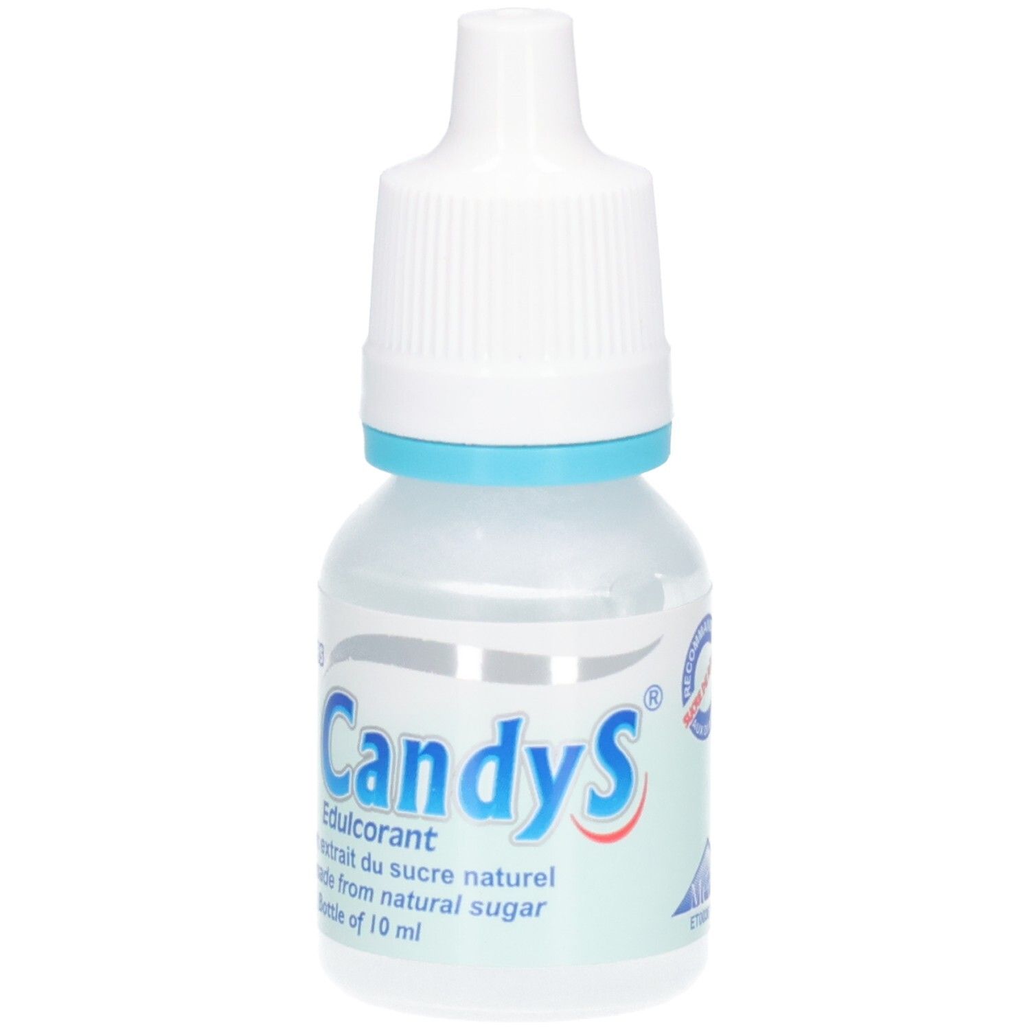 Tropfflasche mit weißem Verschluss und blauem Ring. Aufschrift: CandyS, Edulcorant. Mit Diabetiker-Siegel.