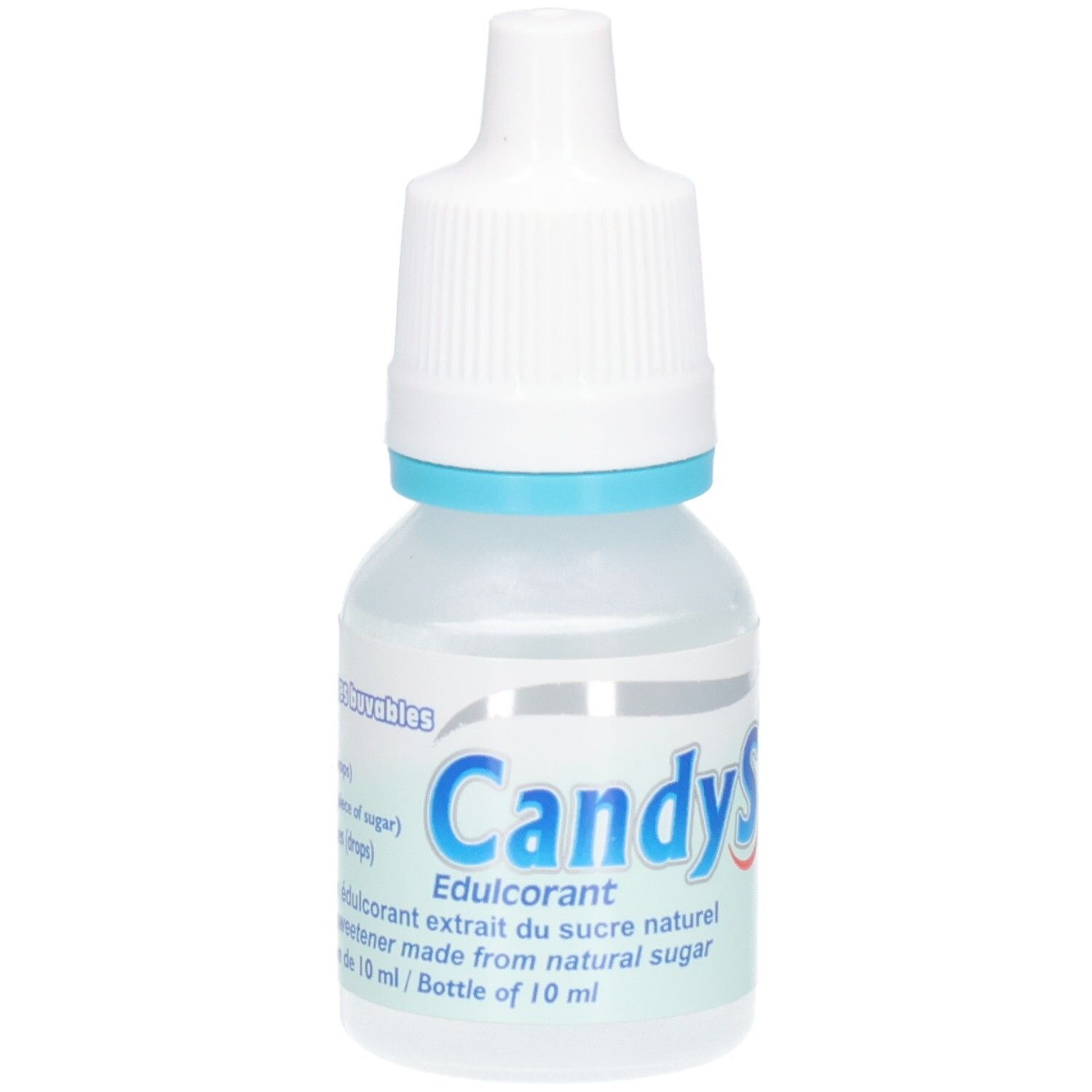 Tropfflasche mit weißem Verschluss und blauem Ring. Aufschrift: CandyS, Edulcorant. Flasche mit 10 ml Inhalt.