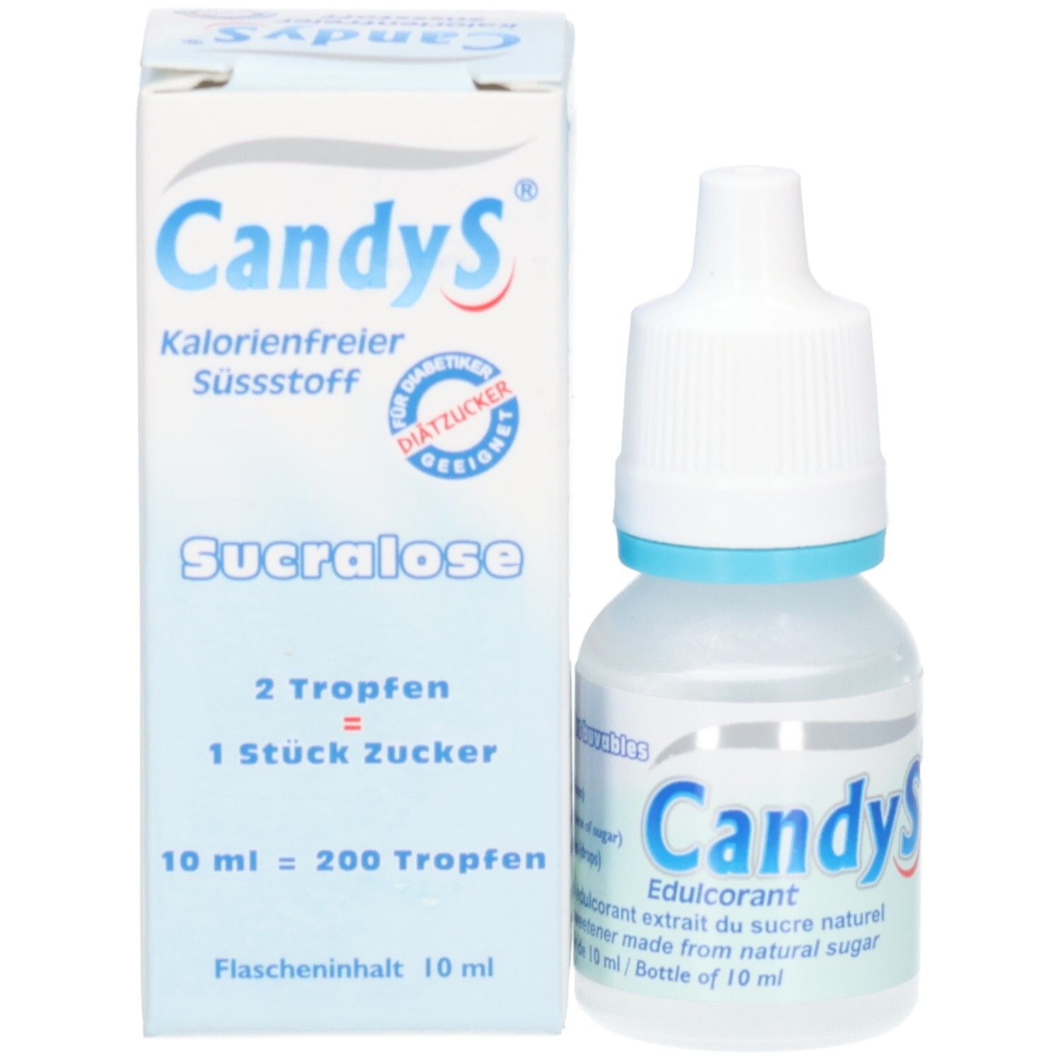 Produktverpackung und Tropfflasche. Aufschrift: CandyS, kalorienfreier Süßstoff, Sucralose. Mit Diabetiker-Siegel.