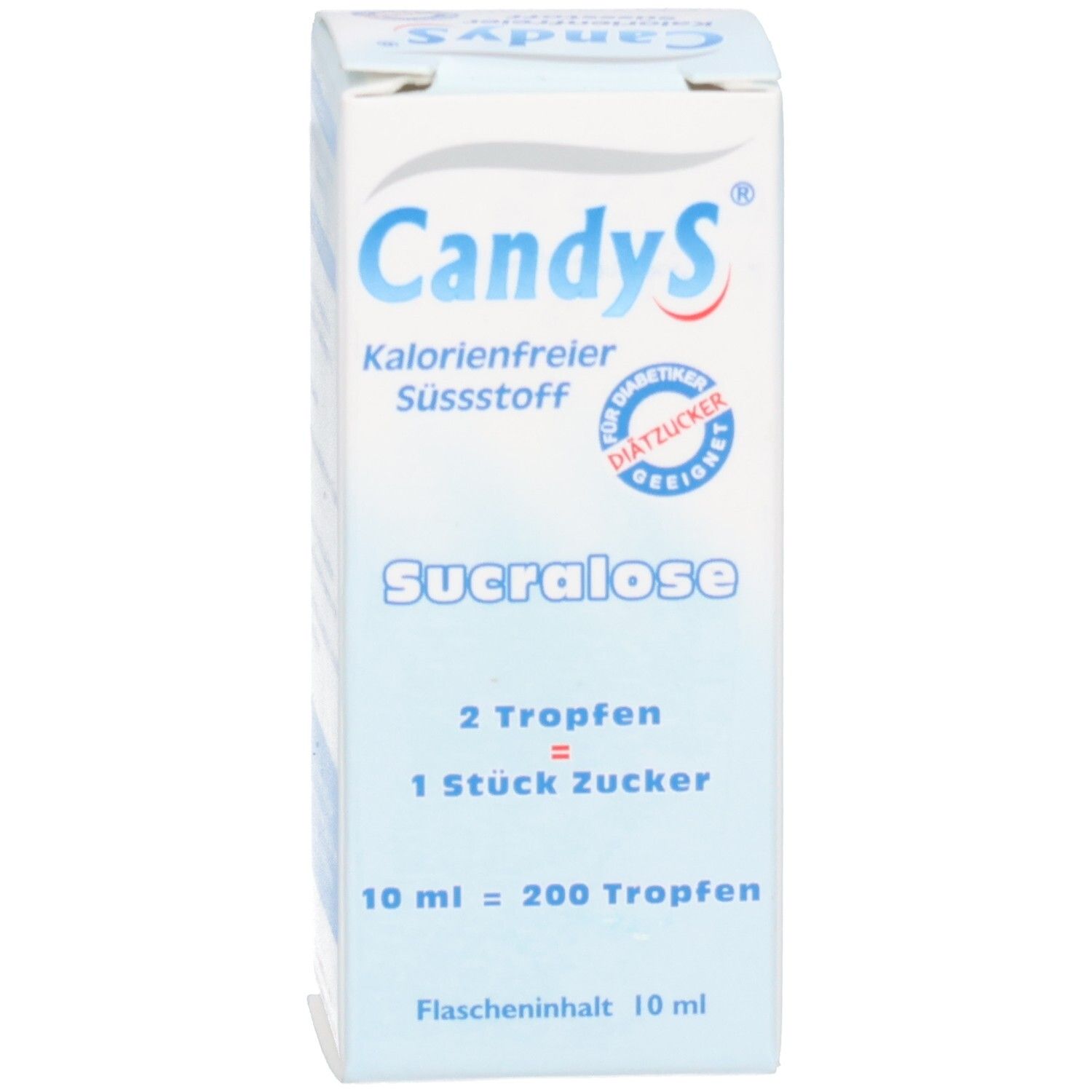 Produktverpackung. Aufschrift: CandyS, kalorienfreier Süßstoff, Sucralose. Mit Diabetiker-Siegel.